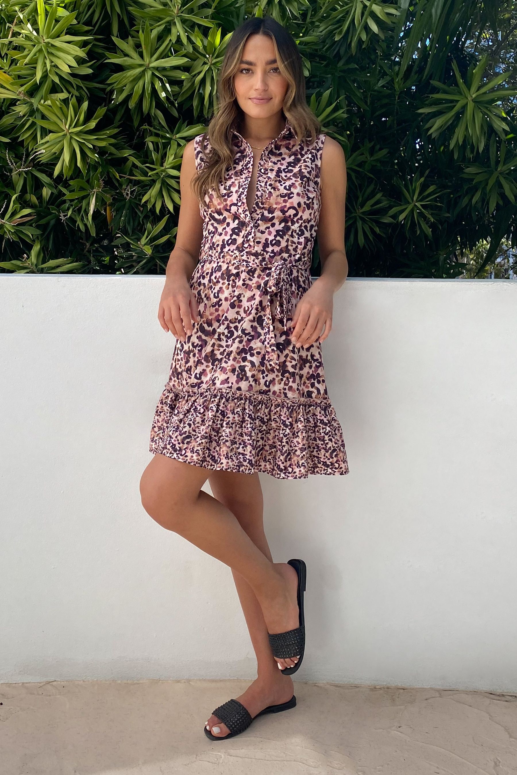 Buy Lipsy Pink Leopard Animal Sleeveless Tiered Belted Shirt Dress from Next Luxembourg