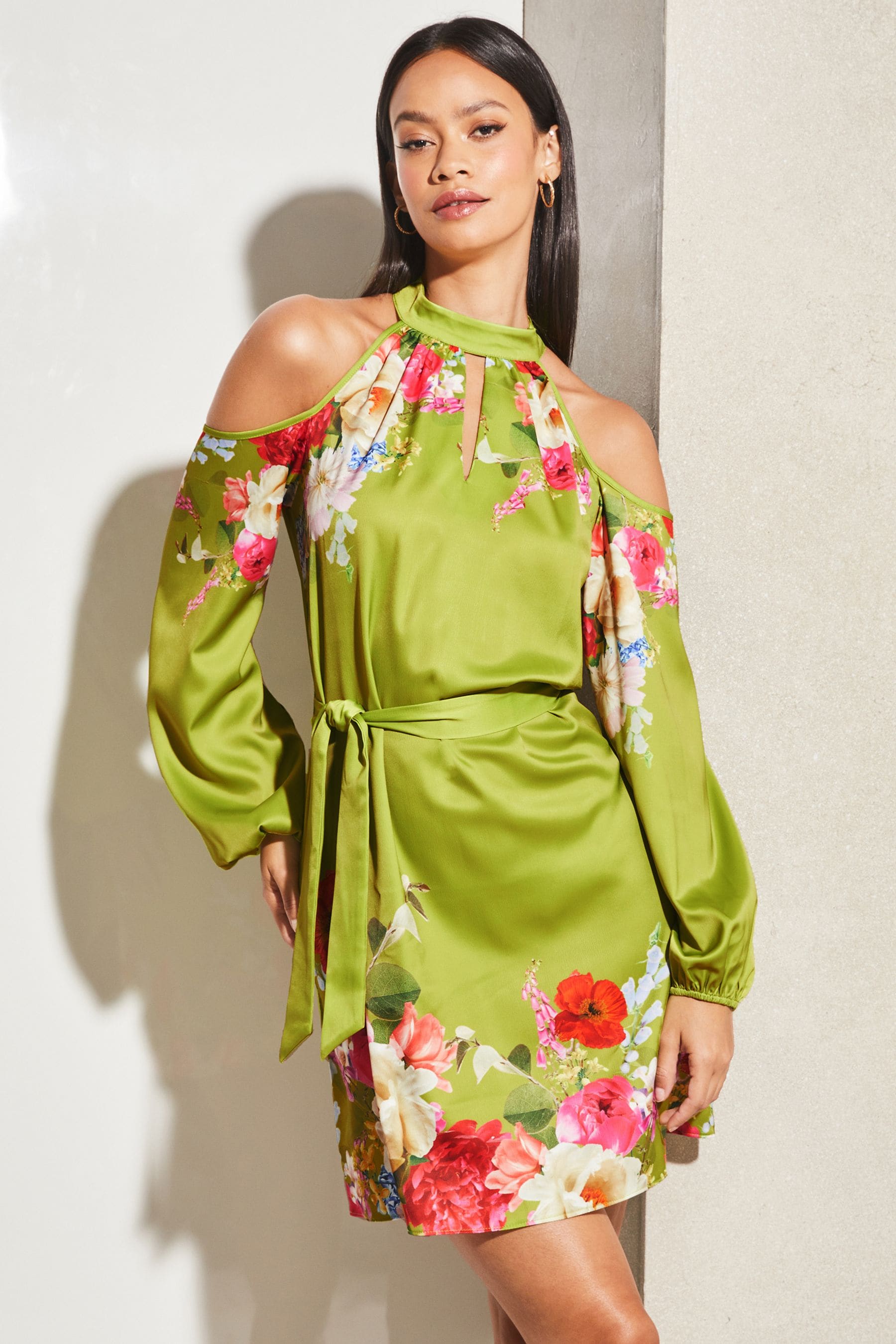 Buy Lipsy Green Floral Long Sleeve Cold Shoulder Belted Mini Dress from Next Luxembourg
