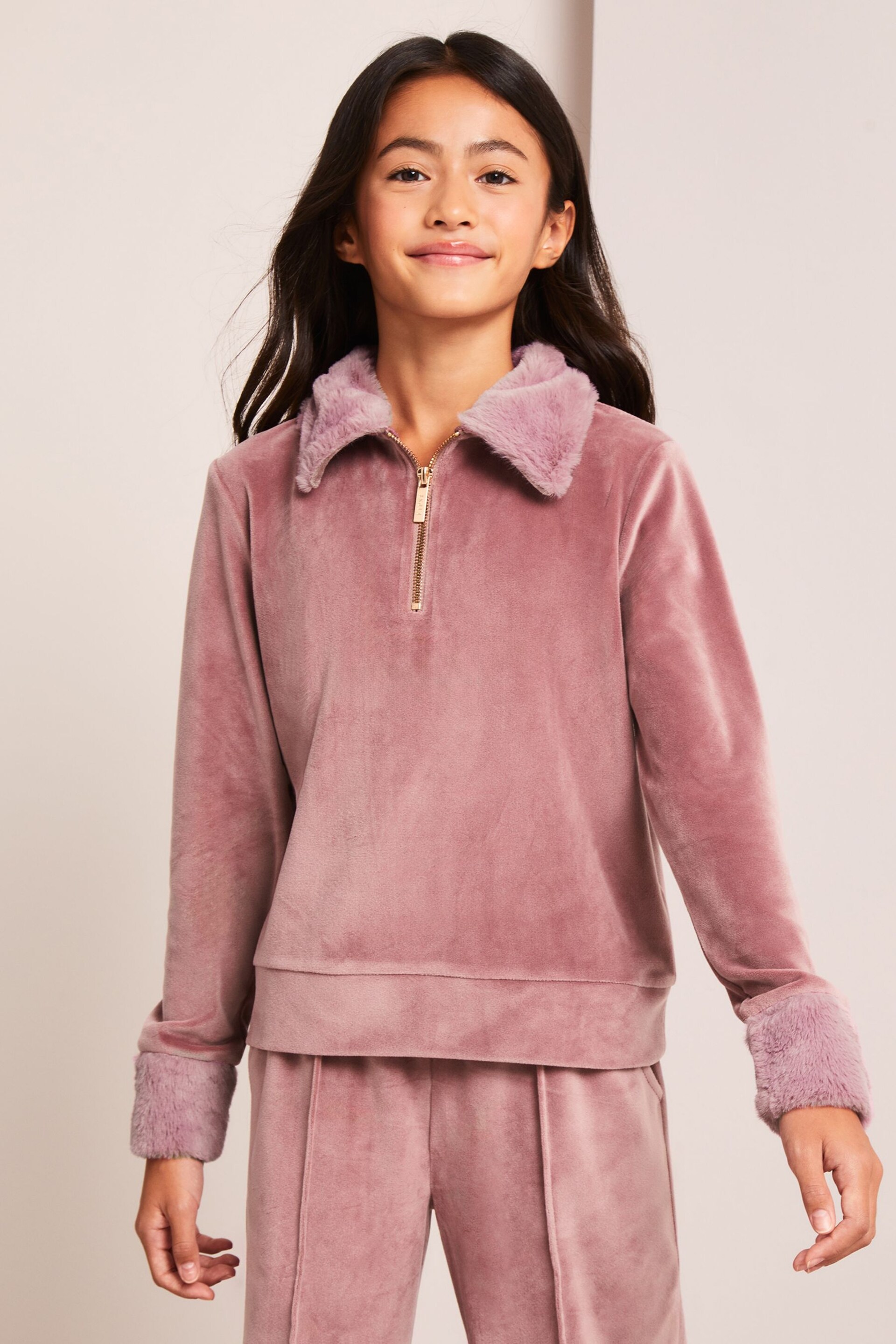 Lipsy Pink Velour Faux Fur Collar Half Zip Sweatshirt - Image 1 of 4