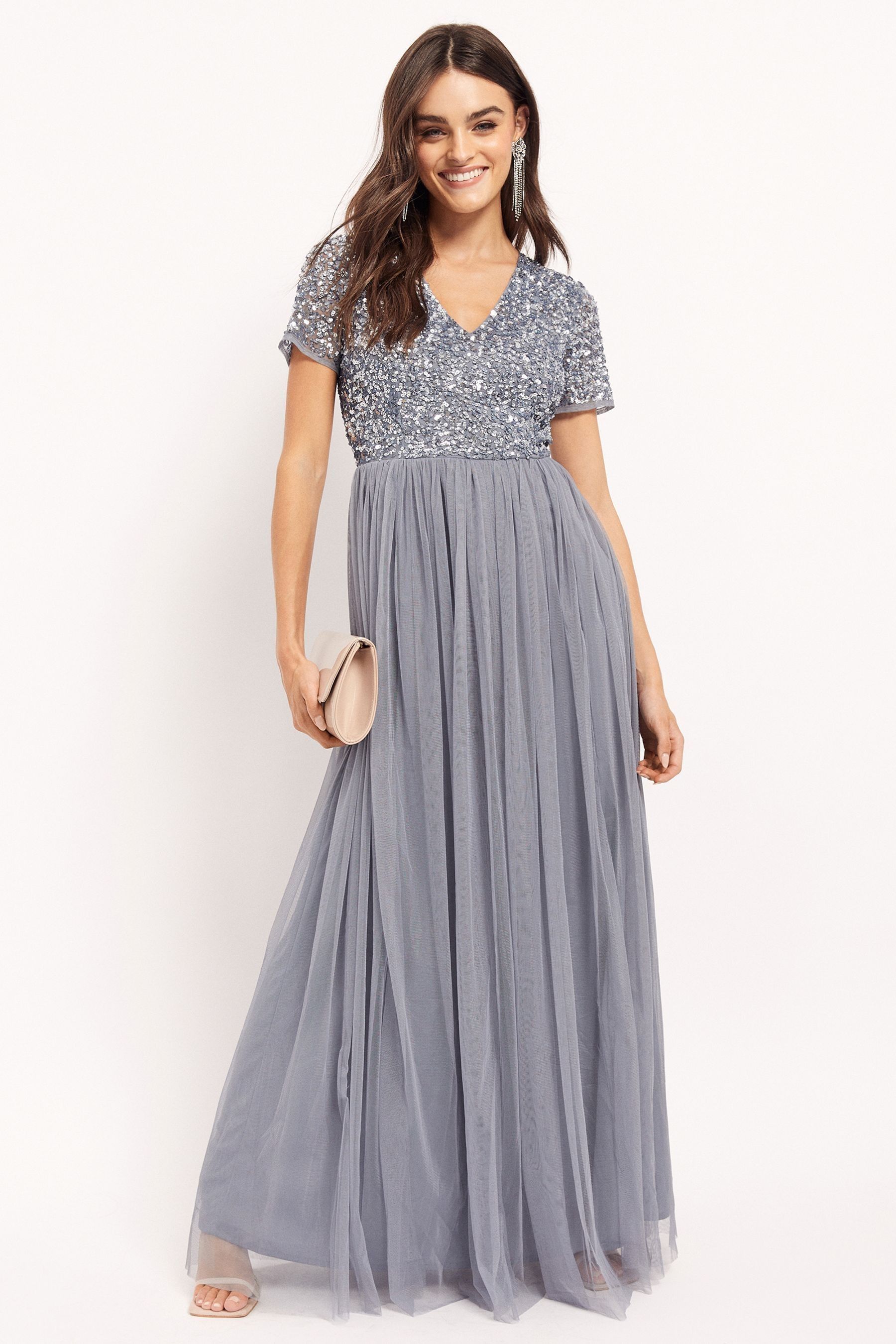 Buy Maya Blue Petite V Neck Short Sleeve Sequin Maxi Dress from Next Luxembourg