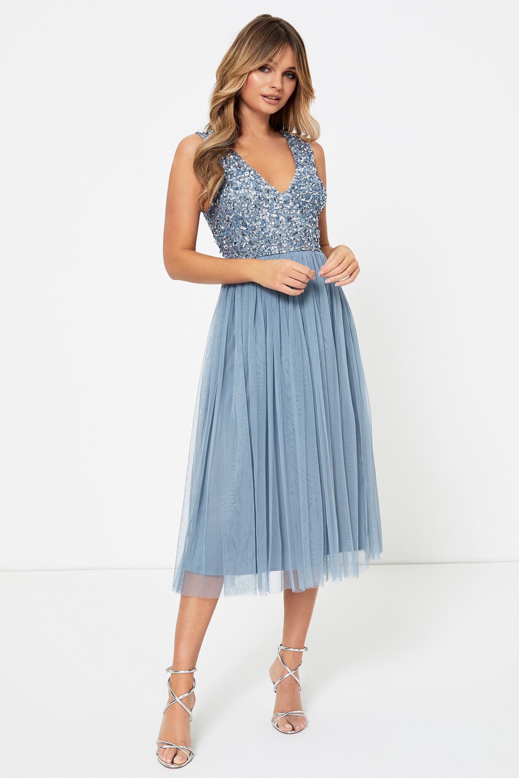 Buy Maya Blue Petite V Neck Sleeveless Sequin Midi Dress from Next Luxembourg