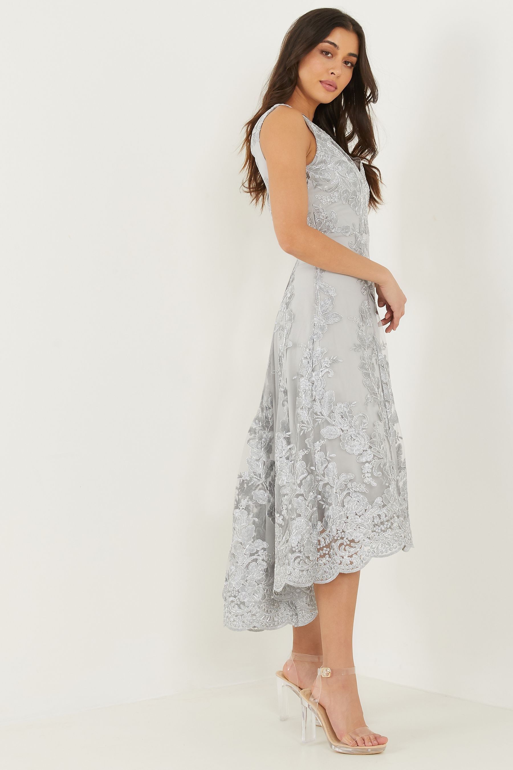 Buy Quiz Grey Lace Bardot Dip Hem Dress from Next Austria
