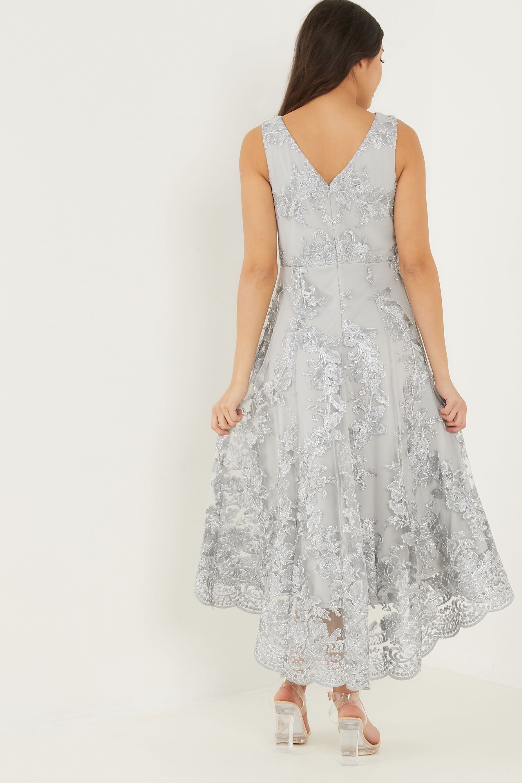 Buy Quiz Grey Lace Bardot Dip Hem Dress from Next Luxembourg