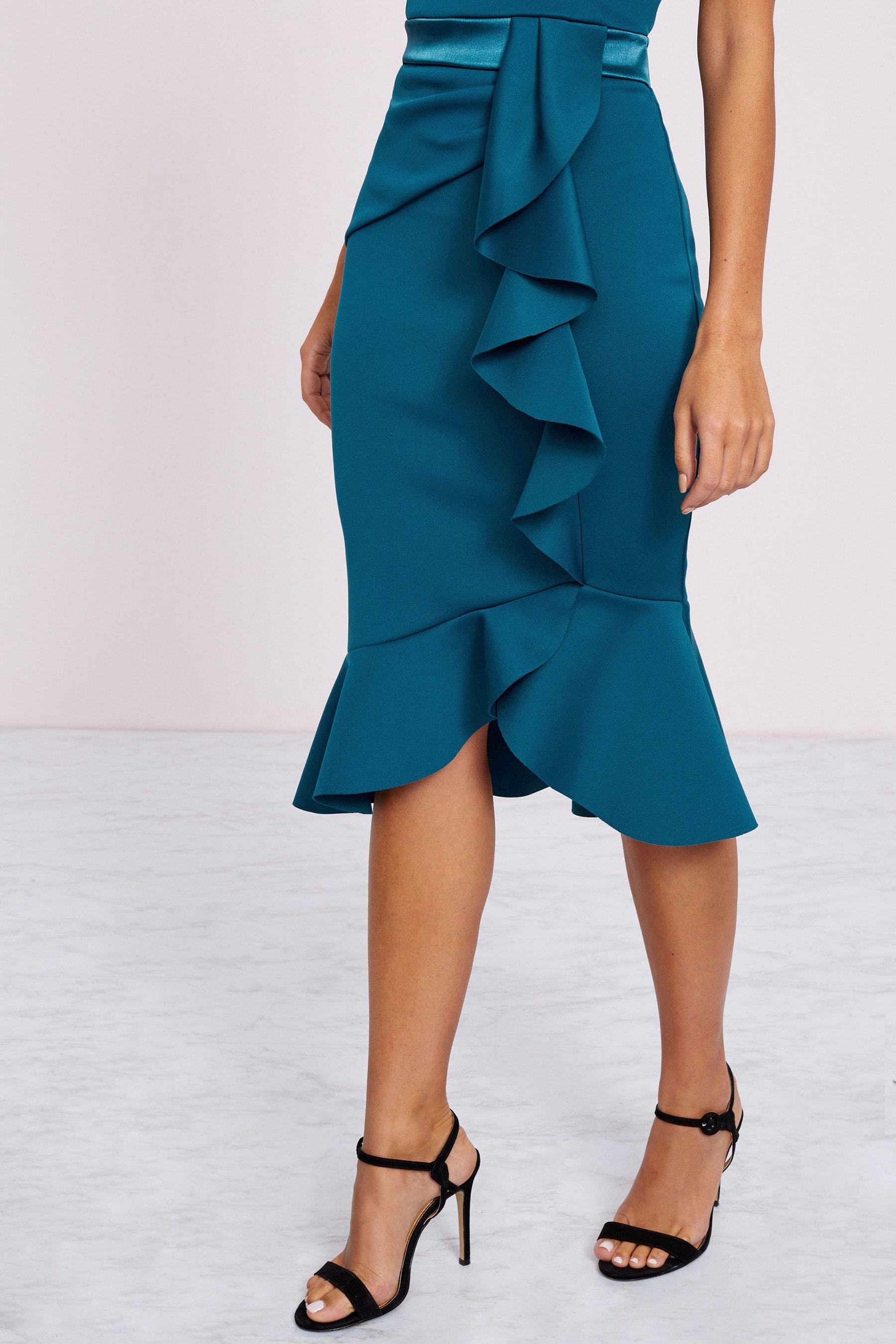 Lipsy bardot satin maxi dress with asymmetric hem in teal discount