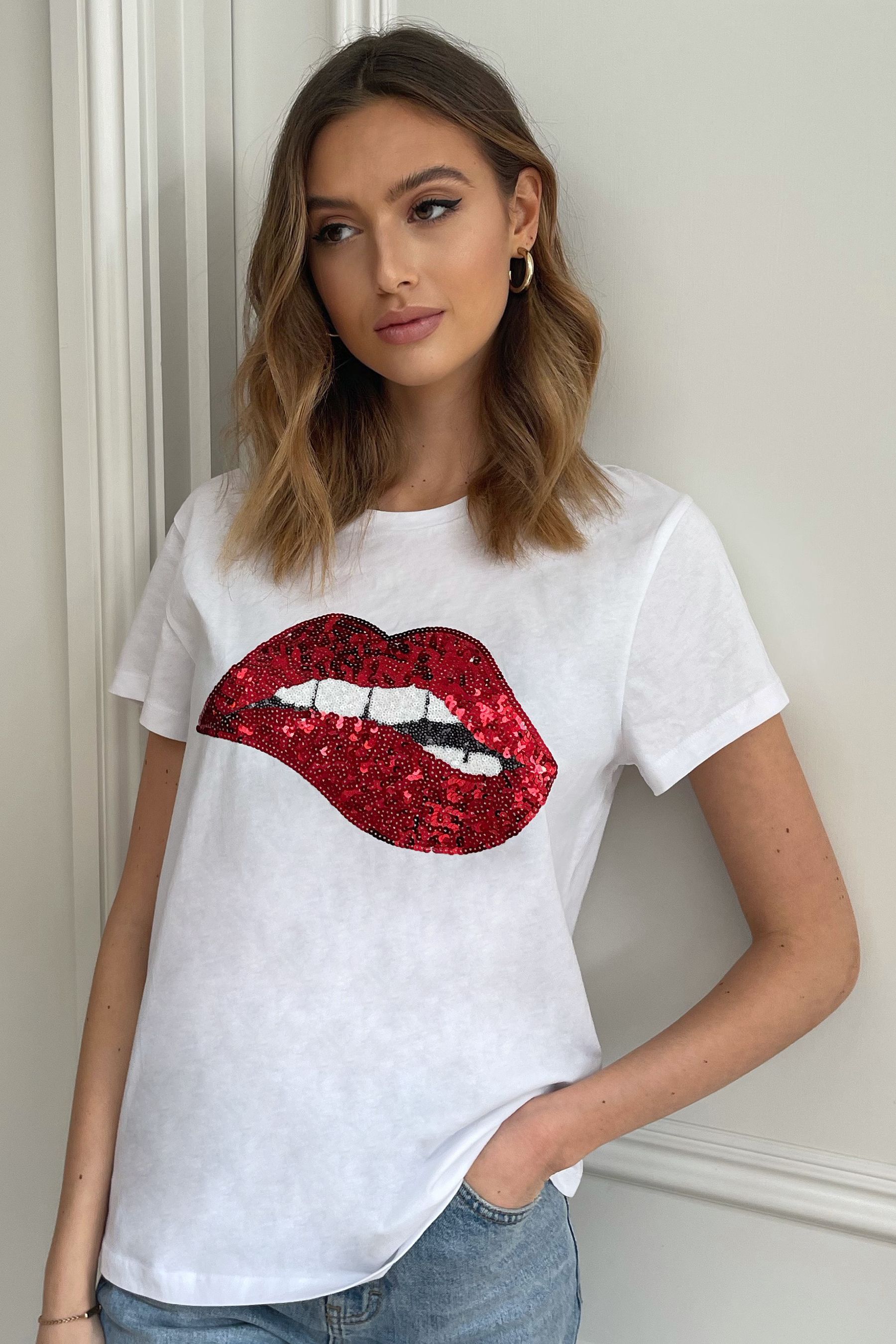 Buy Lipsy White Red Lips Logo T Shirt from Next Luxembourg