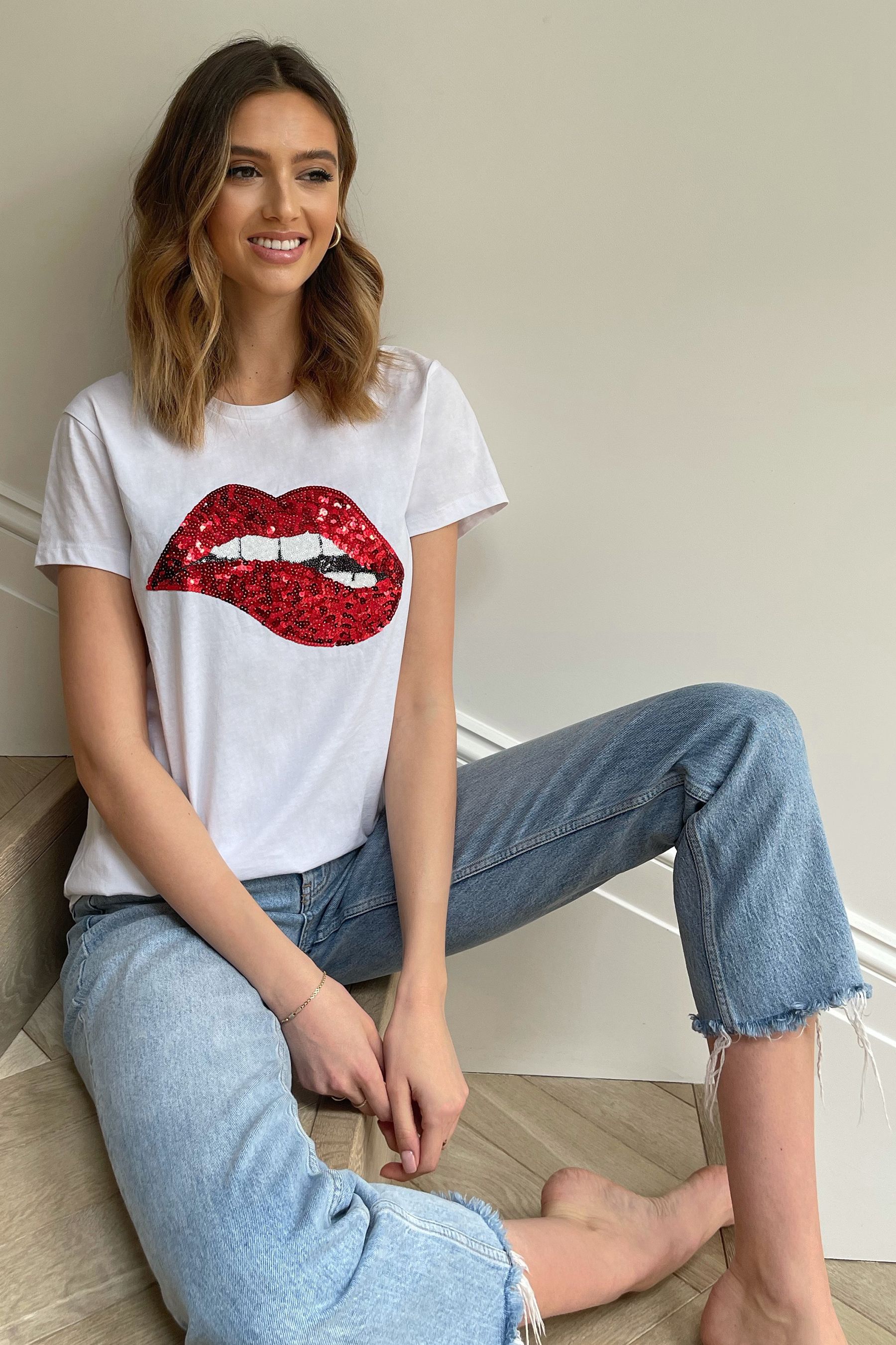 Buy Lipsy White Red Lips Logo T Shirt from Next Luxembourg