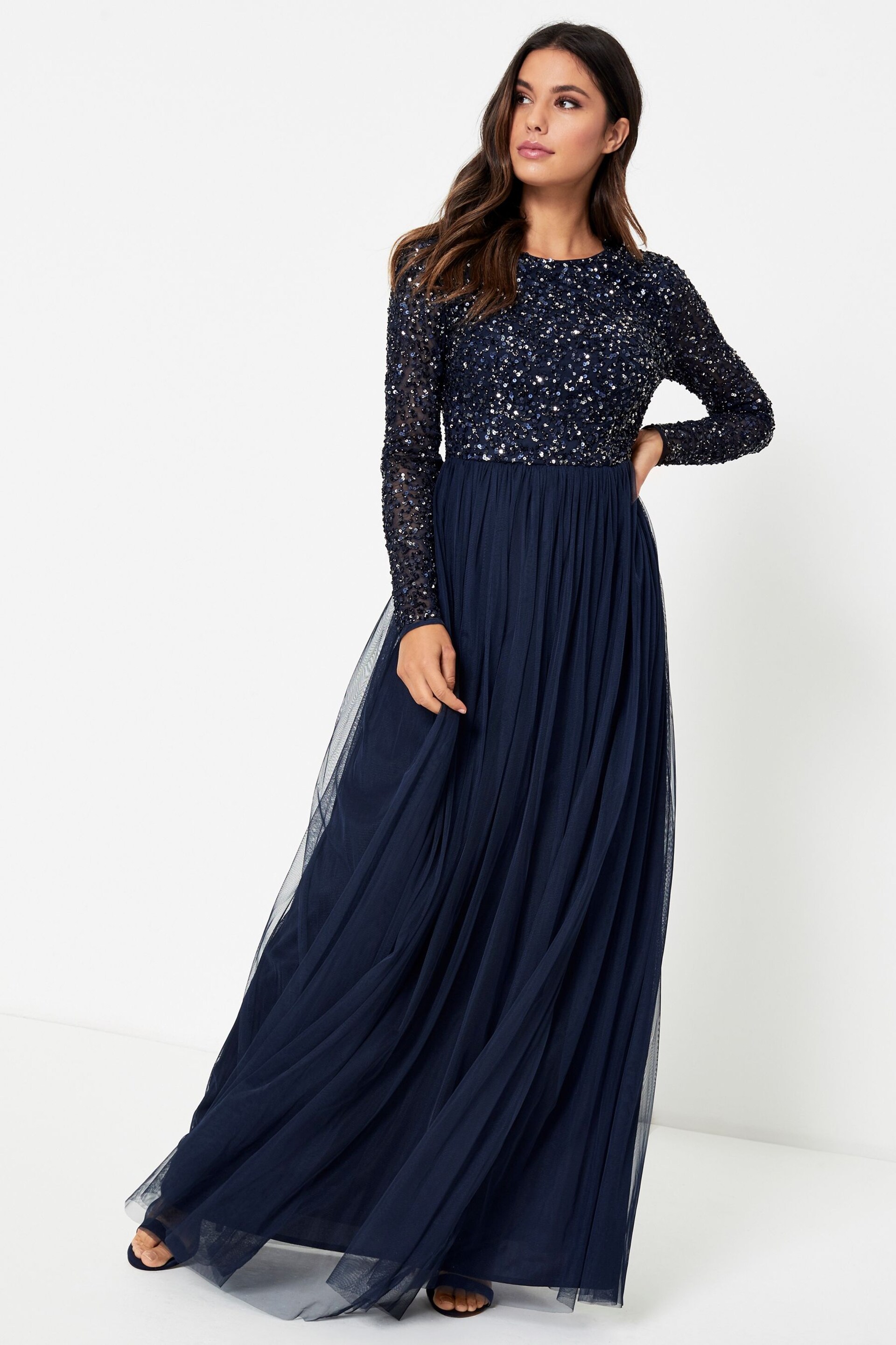 Maya Navy Blue Embellished Long Sleeve Maxi Dress - Image 1 of 1