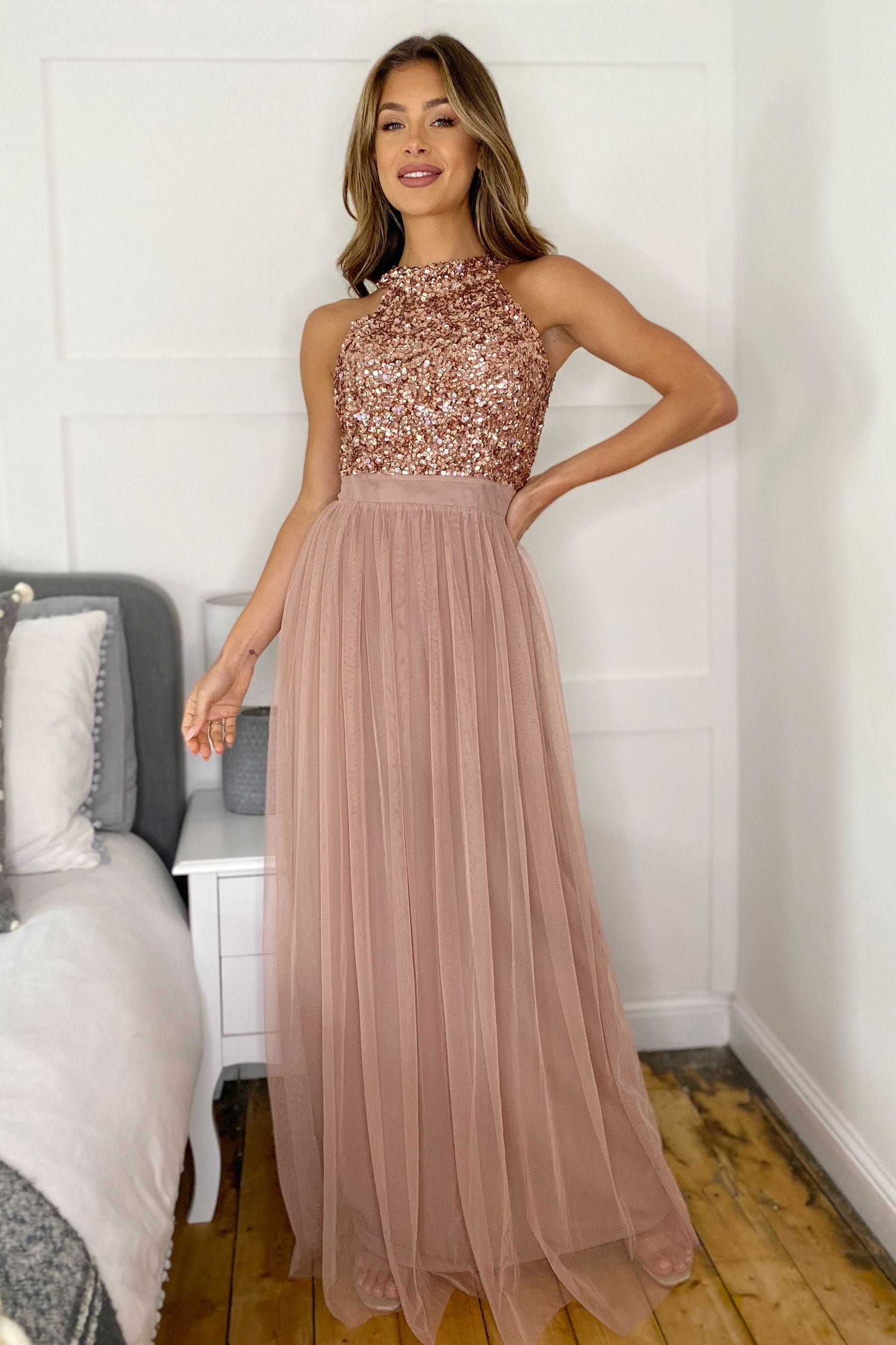 Buy Sistaglam Rose Gold Sequin Halter Neck Maxi Dress with Tie from Next Luxembourg