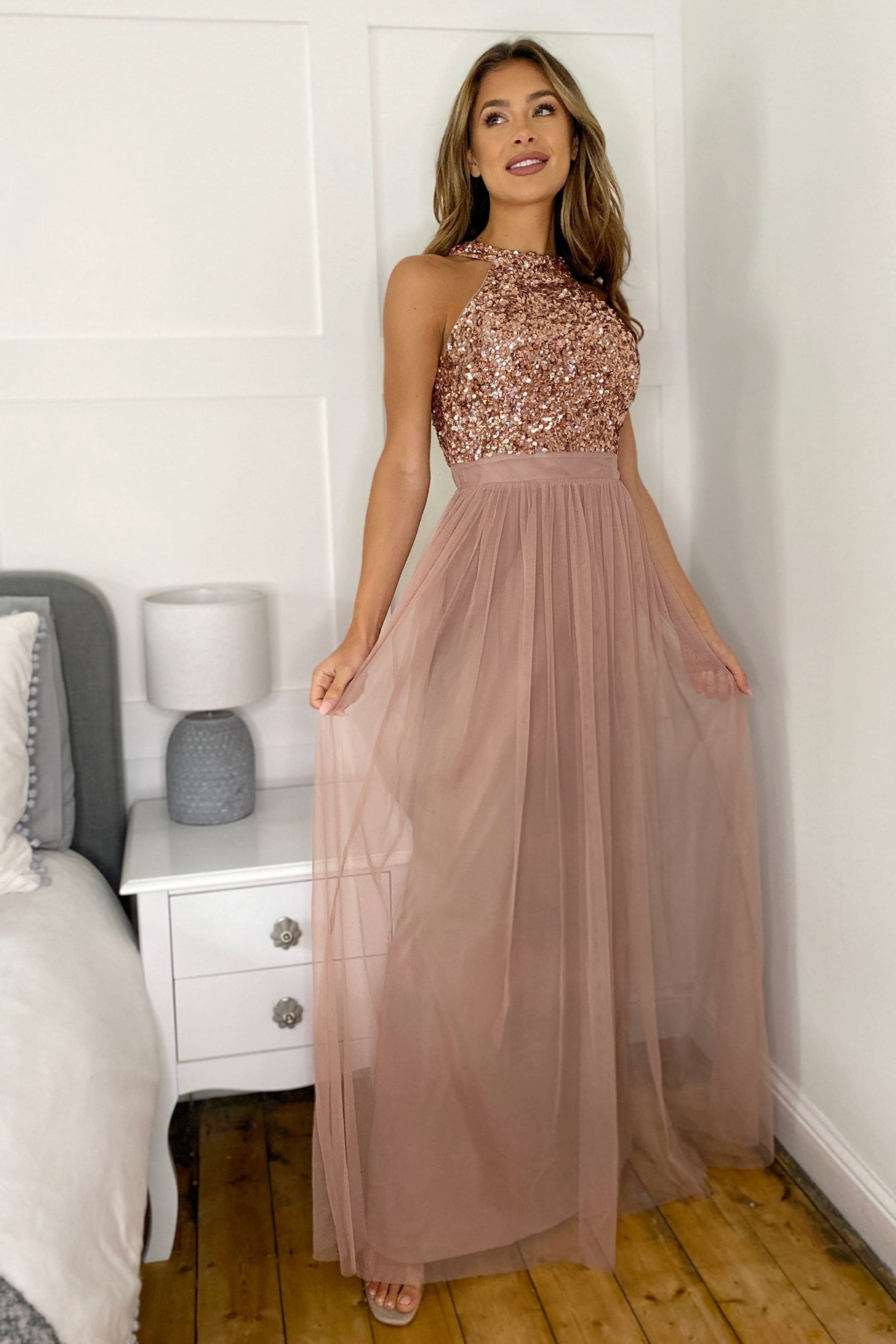 Gold halter neck maxi dress clearance