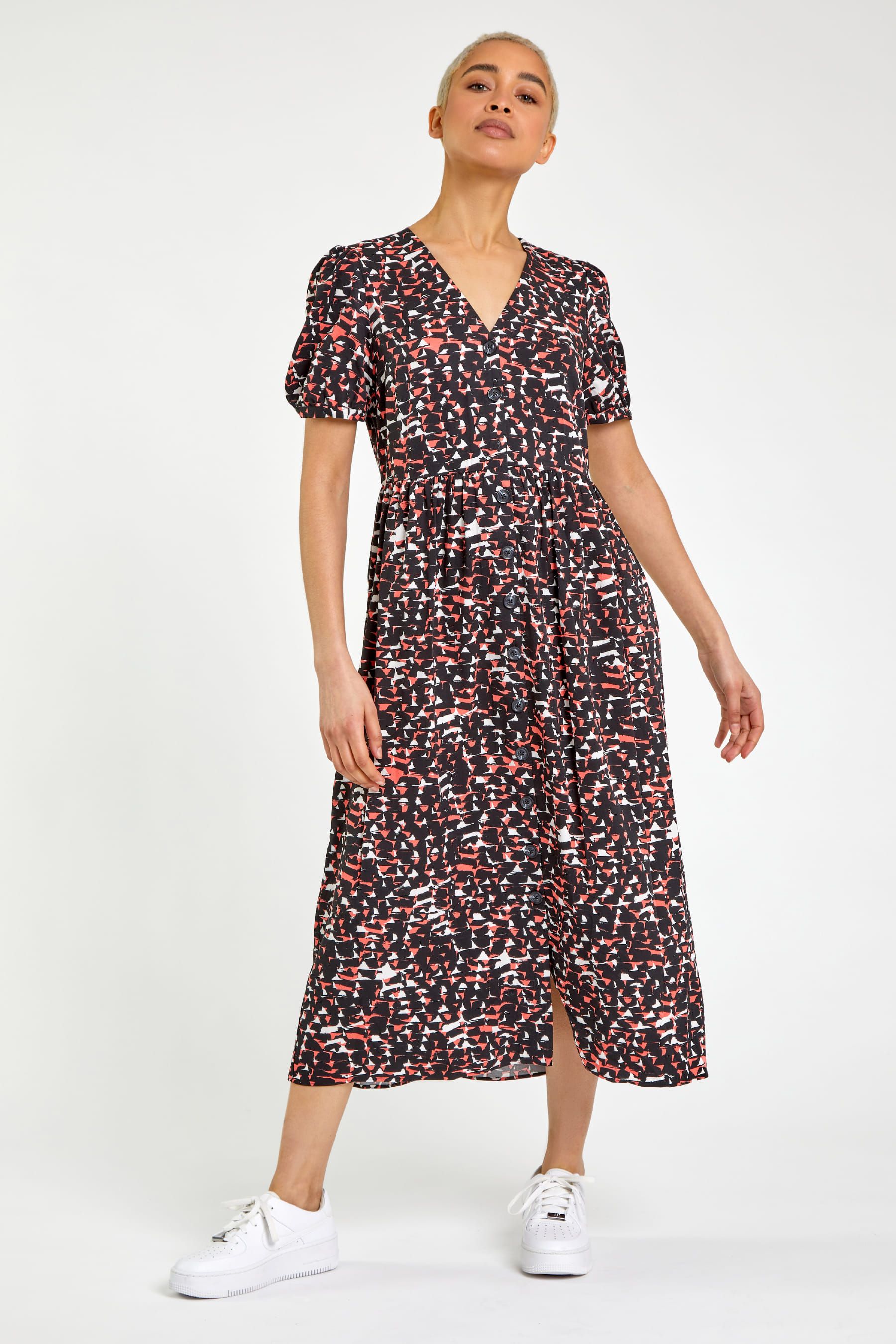 Buy Dusk Red Multi Geo Print Button Through Midi Dress from Next Luxembourg