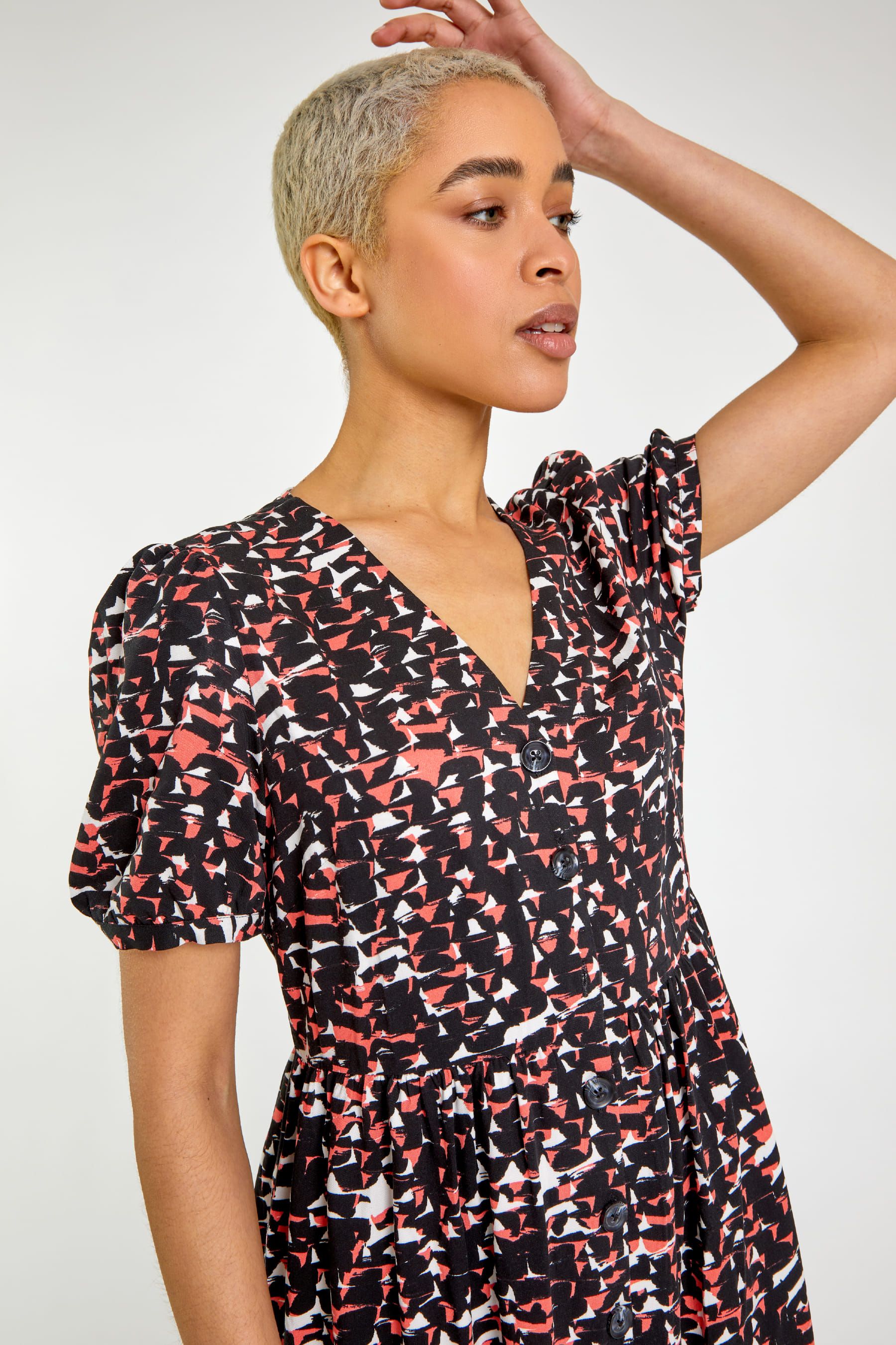 Buy Dusk Red Multi Geo Print Button Through Midi Dress from Next Luxembourg