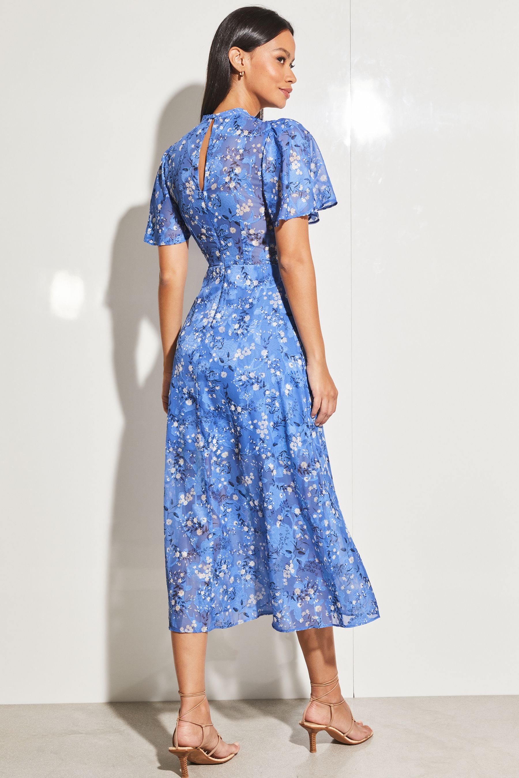 Buy Lipsy Blue Flutter Sleeve Keyhole Front Split Midi Dress from Next Luxembourg