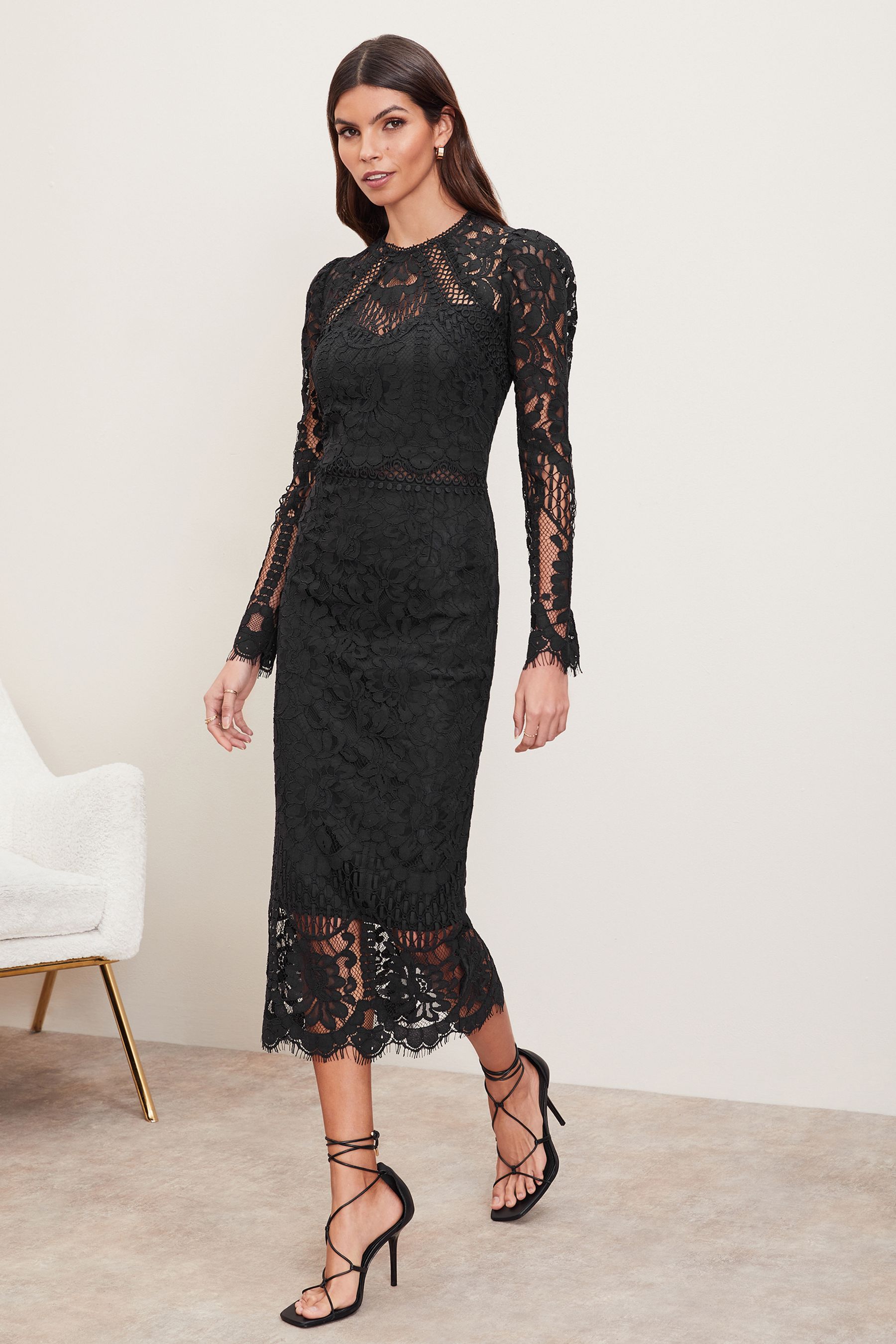 Buy Lipsy Black Premium Lace Long Sleeve Bodycon Midi Dress from Next Luxembourg