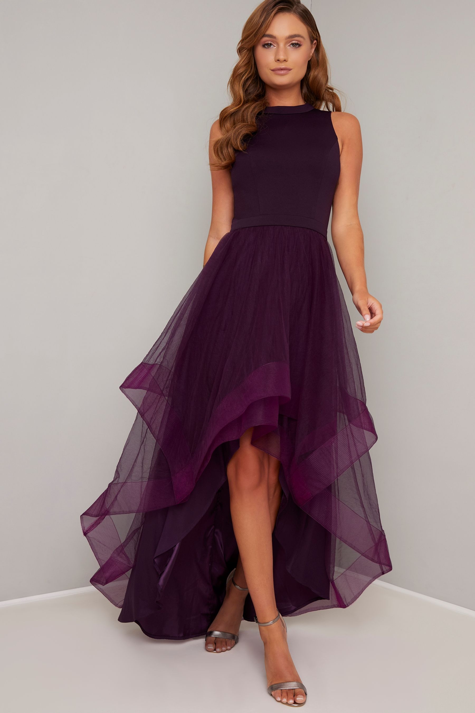 Purple damaged dip hem dress