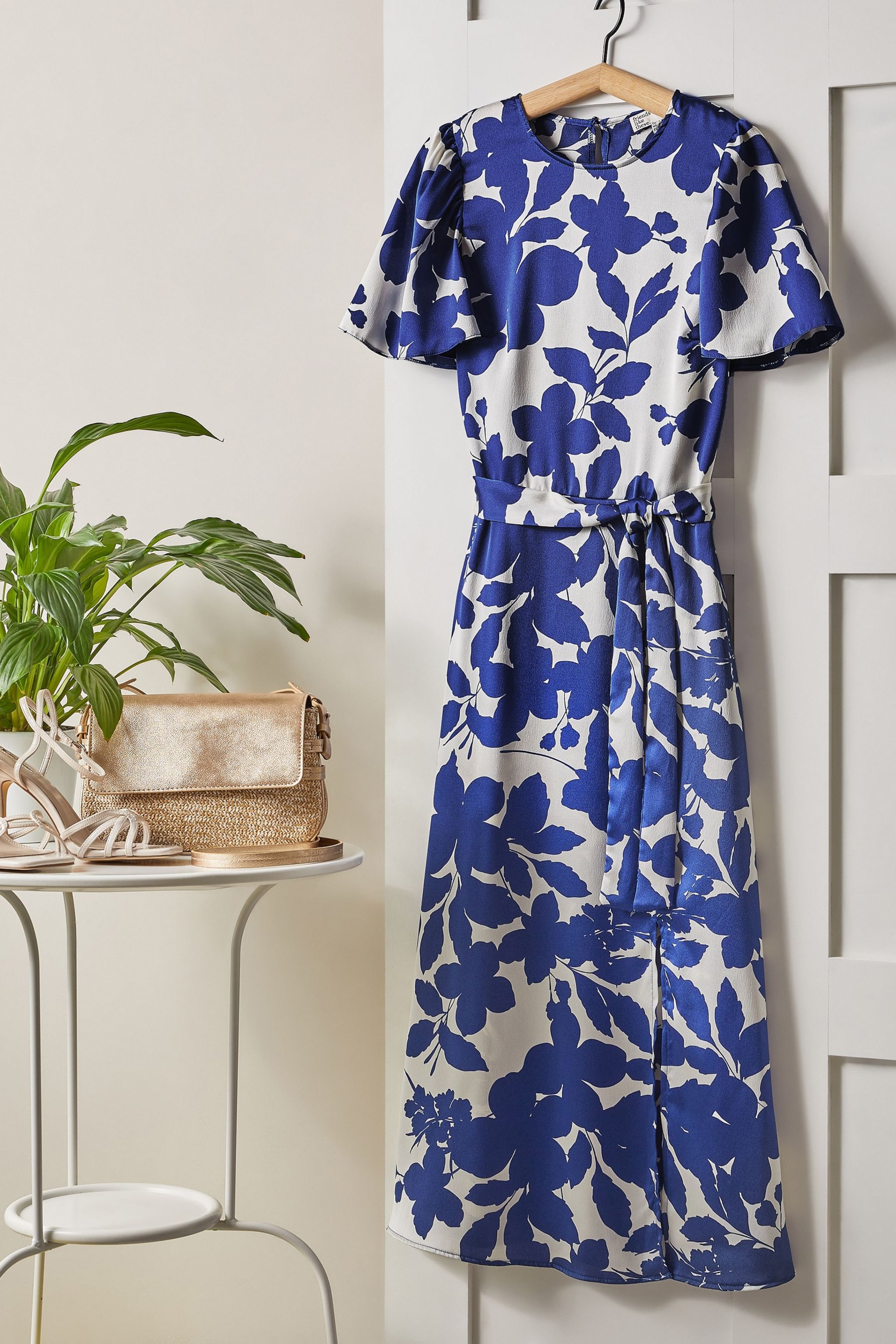 Friends Like These Blue Flutter Sleeve Satin Split Belted Midi Summer Dress - Image 5 of 5