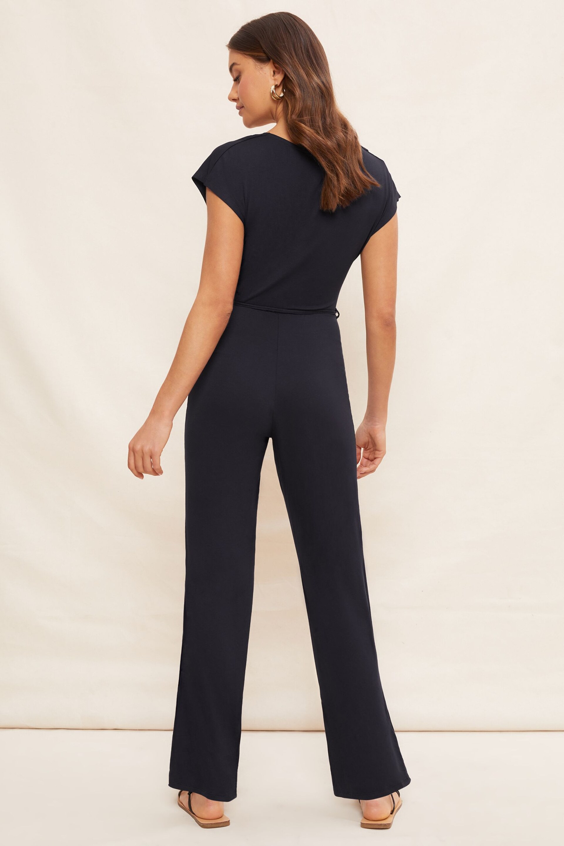 Friends Like These Navy Jersey Wide Leg Wrap Style V Neck Summer Jumpsuit - Image 4 of 4