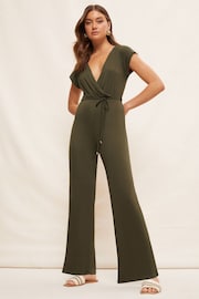 Friends Like These Khaki Jersey Wide Leg Wrap Style V Neck Summer Jumpsuit - Image 1 of 4