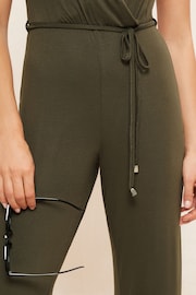 Friends Like These Khaki Jersey Wide Leg Wrap Style V Neck Summer Jumpsuit - Image 2 of 4