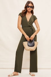 Friends Like These Khaki Jersey Wide Leg Wrap Style V Neck Summer Jumpsuit - Image 3 of 4
