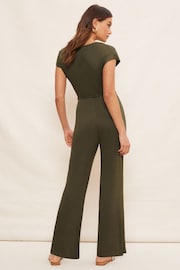 Friends Like These Khaki Jersey Wide Leg Wrap Style V Neck Summer Jumpsuit - Image 4 of 4