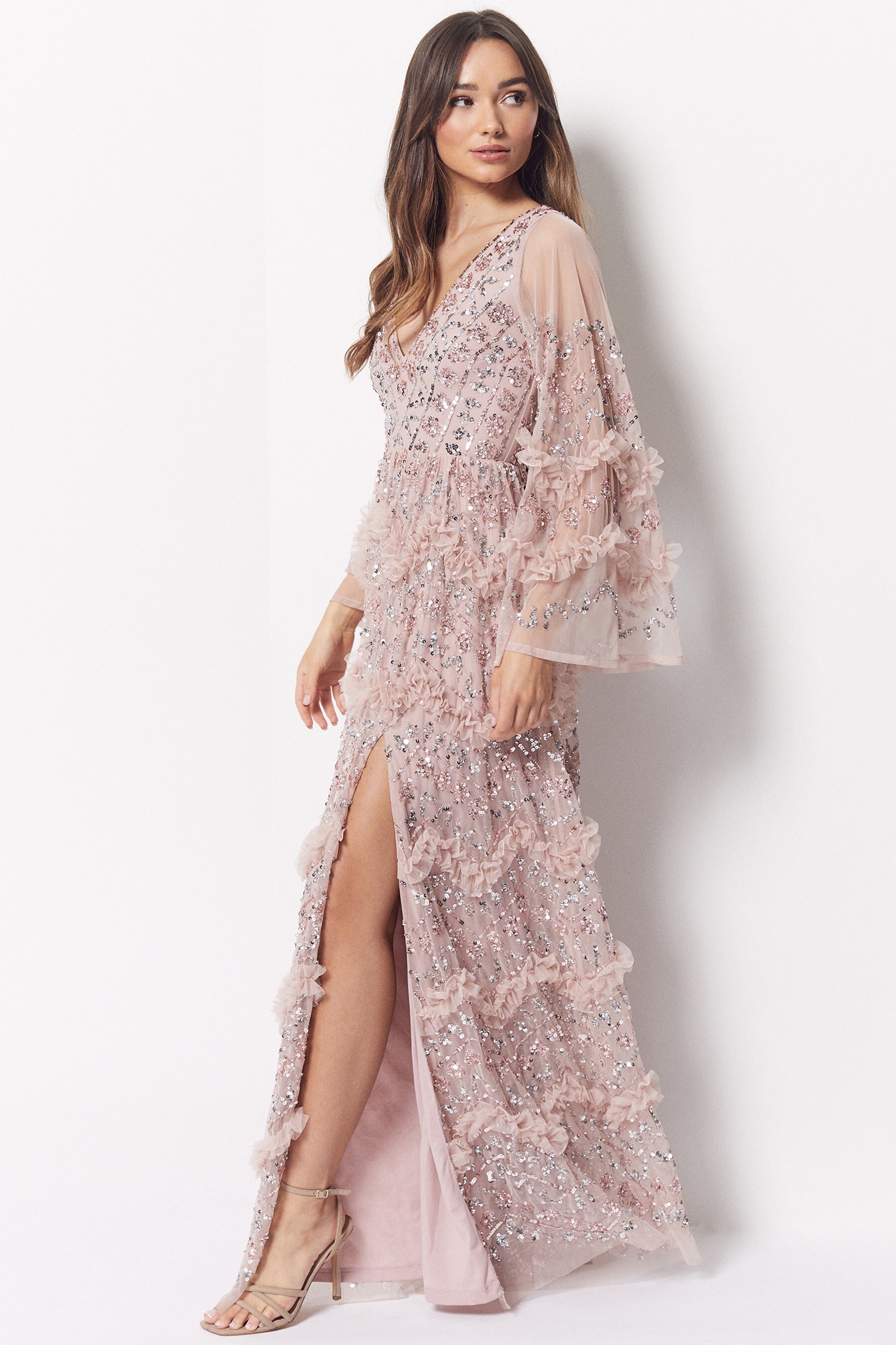Buy Maya Light Pink Premium Embellished Long Sleeve V Neck Split Maxi Dress from Next Luxembourg
