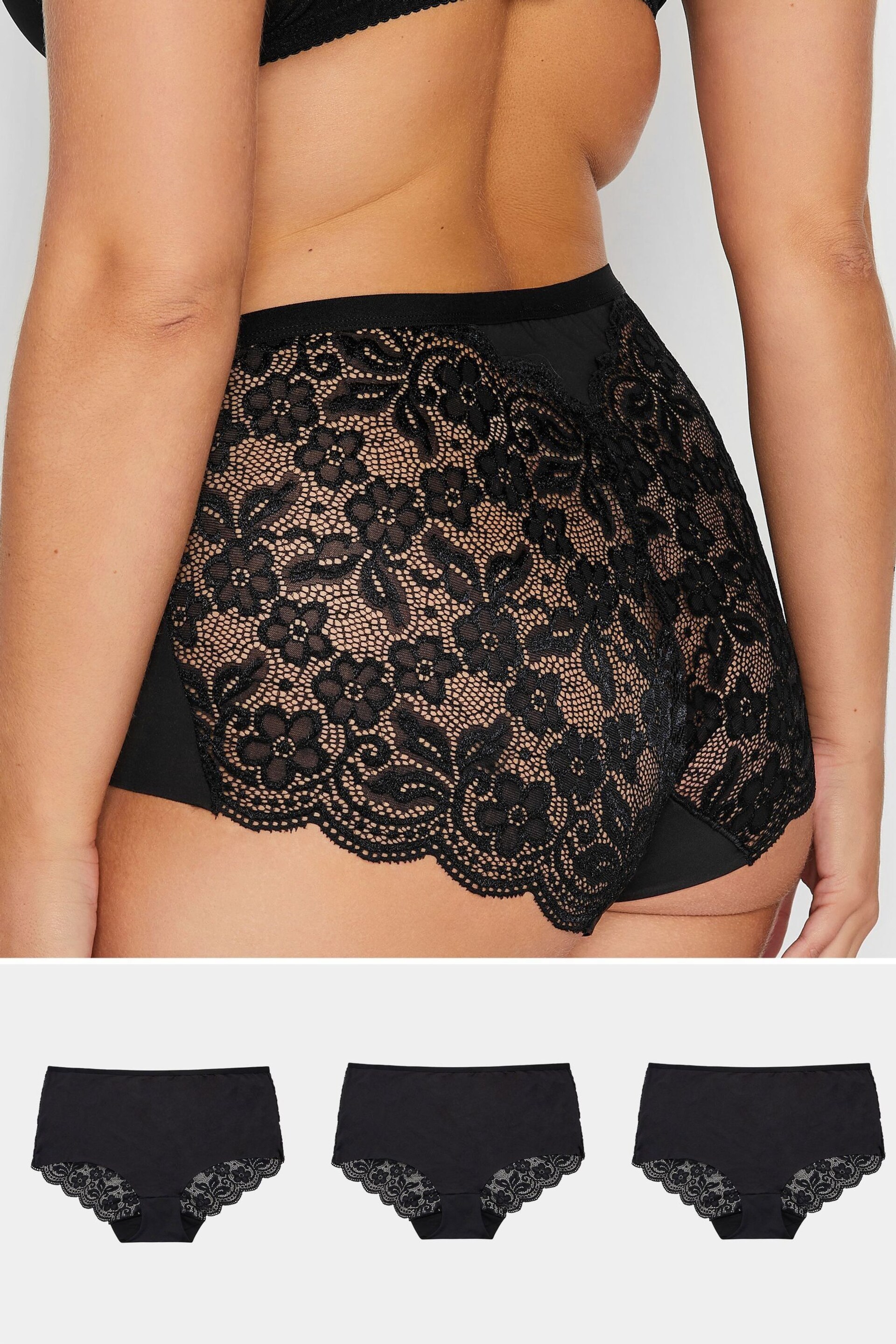 Yours Curve Black 3 Pack Lace Back Knickers - Image 1 of 4