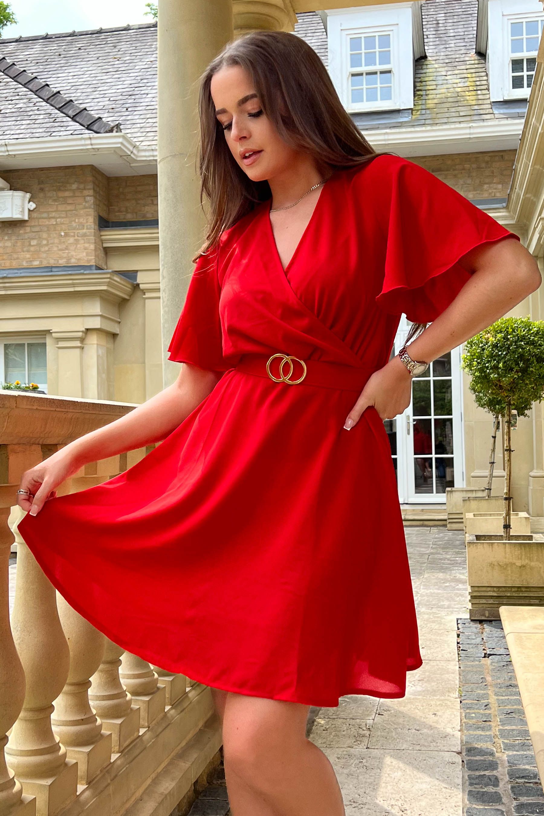 Buy Girl In Mind Red Elise Short Sleeve Gold Buckle Skater Dress from Next Luxembourg