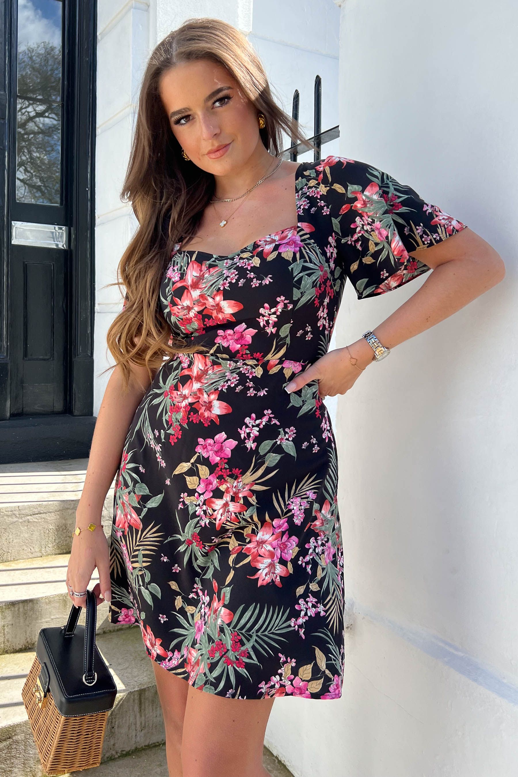 Buy Girl In Mind Tropical Floral Sweetheart Neckline Short Sleeve Mini Dress from Next Luxembourg