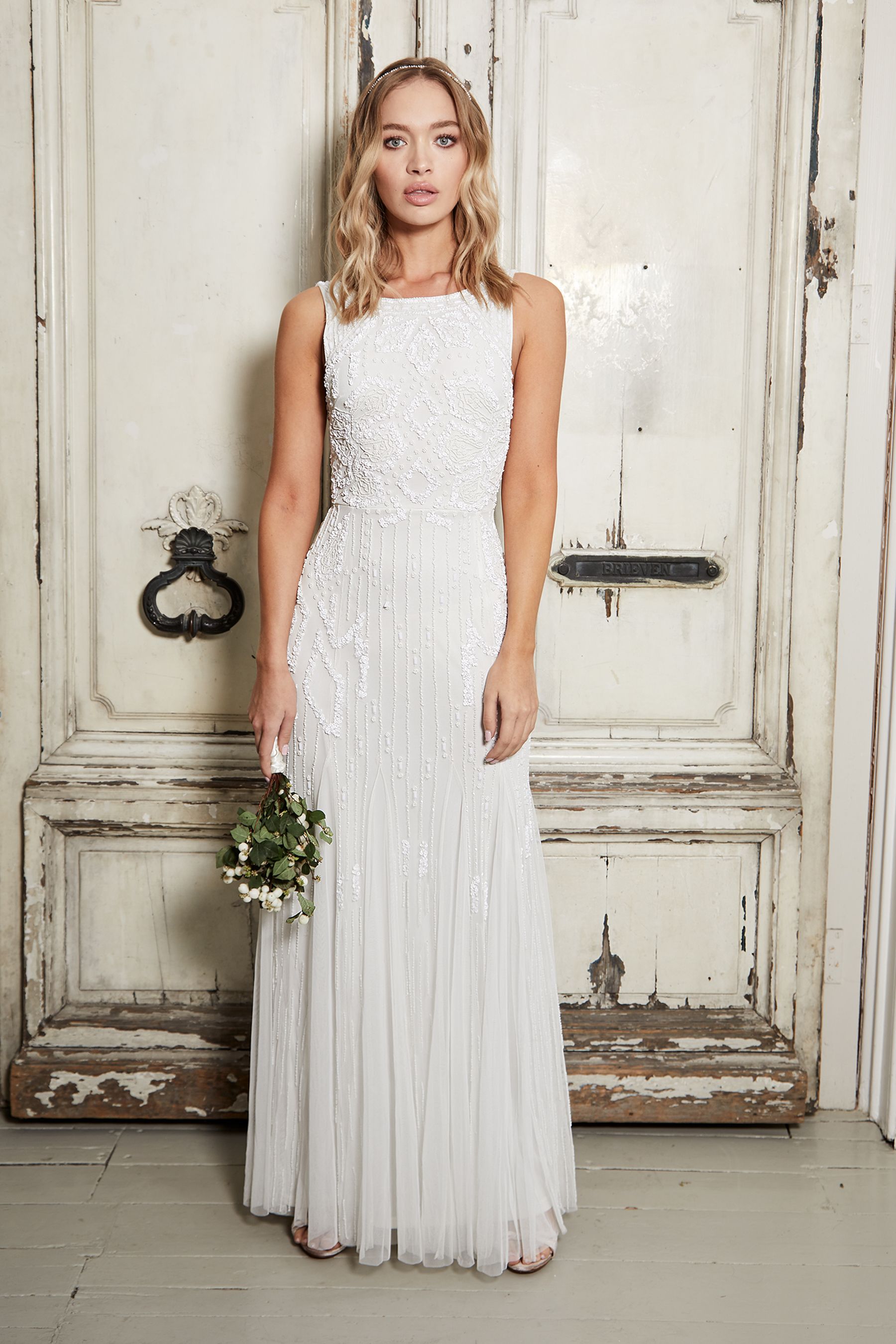 Buy Sistaglam White Embellished Beaded Sequin Halterneck Maxi Wedding Dress from Next Luxembourg