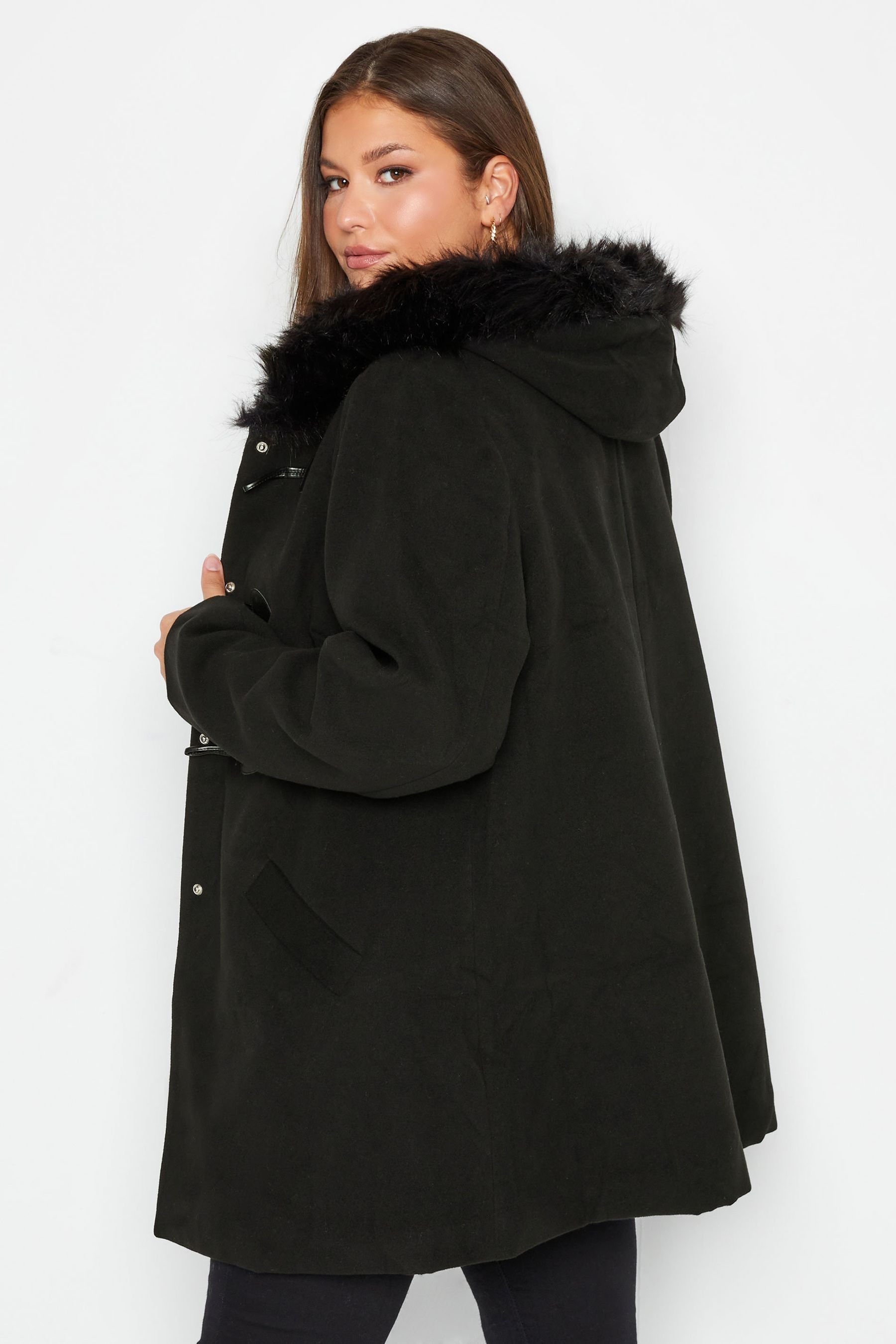 Buy Yours Curve Black Duffle Coat With Fur from Next Luxembourg