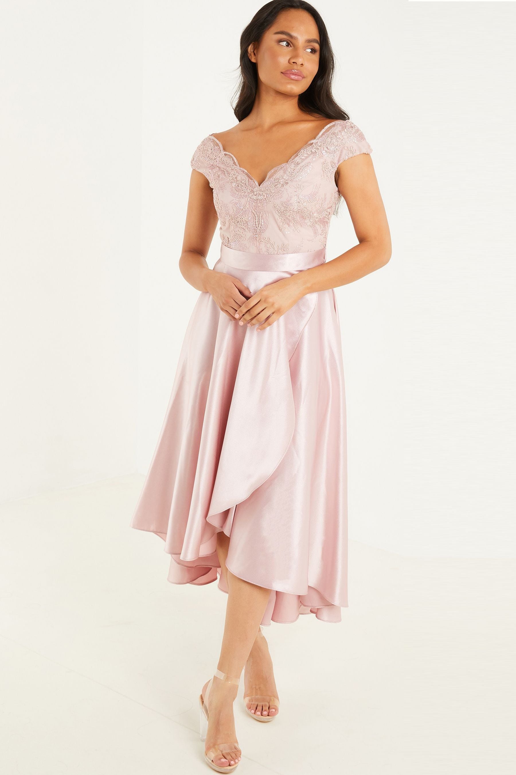 Buy Quiz Pink Lace Bardot Dip Hem Dress from Next Ireland
