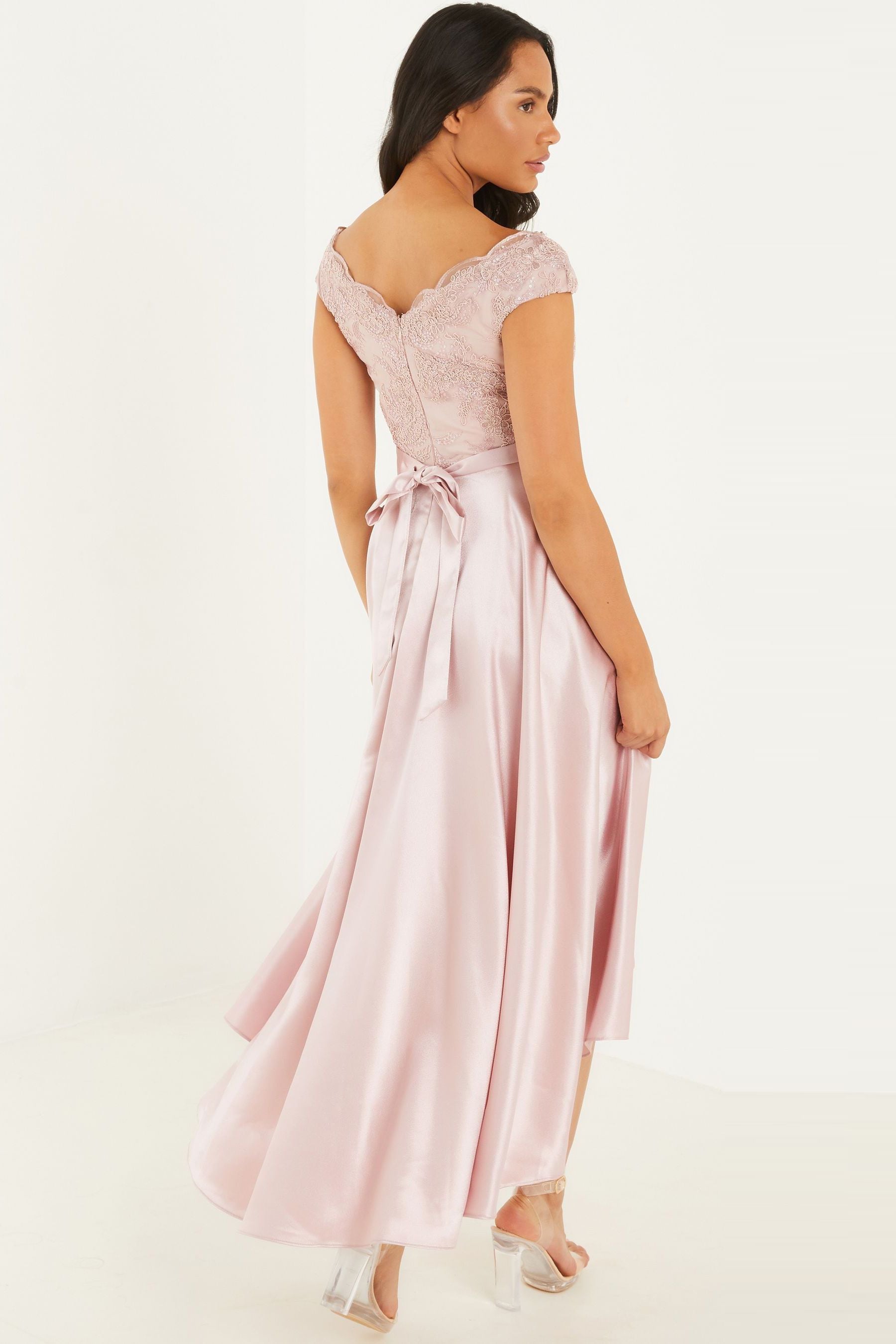 Buy Quiz Pink Lace Bardot Dip Hem Dress from Next Ireland