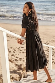 Lipsy Black Broderie V Neck Puff Sleeve Midi Summer Holiday Shop Dress - Image 2 of 4