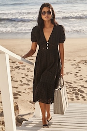 Lipsy Black Broderie V Neck Puff Sleeve Midi Summer Holiday Shop Dress - Image 3 of 4