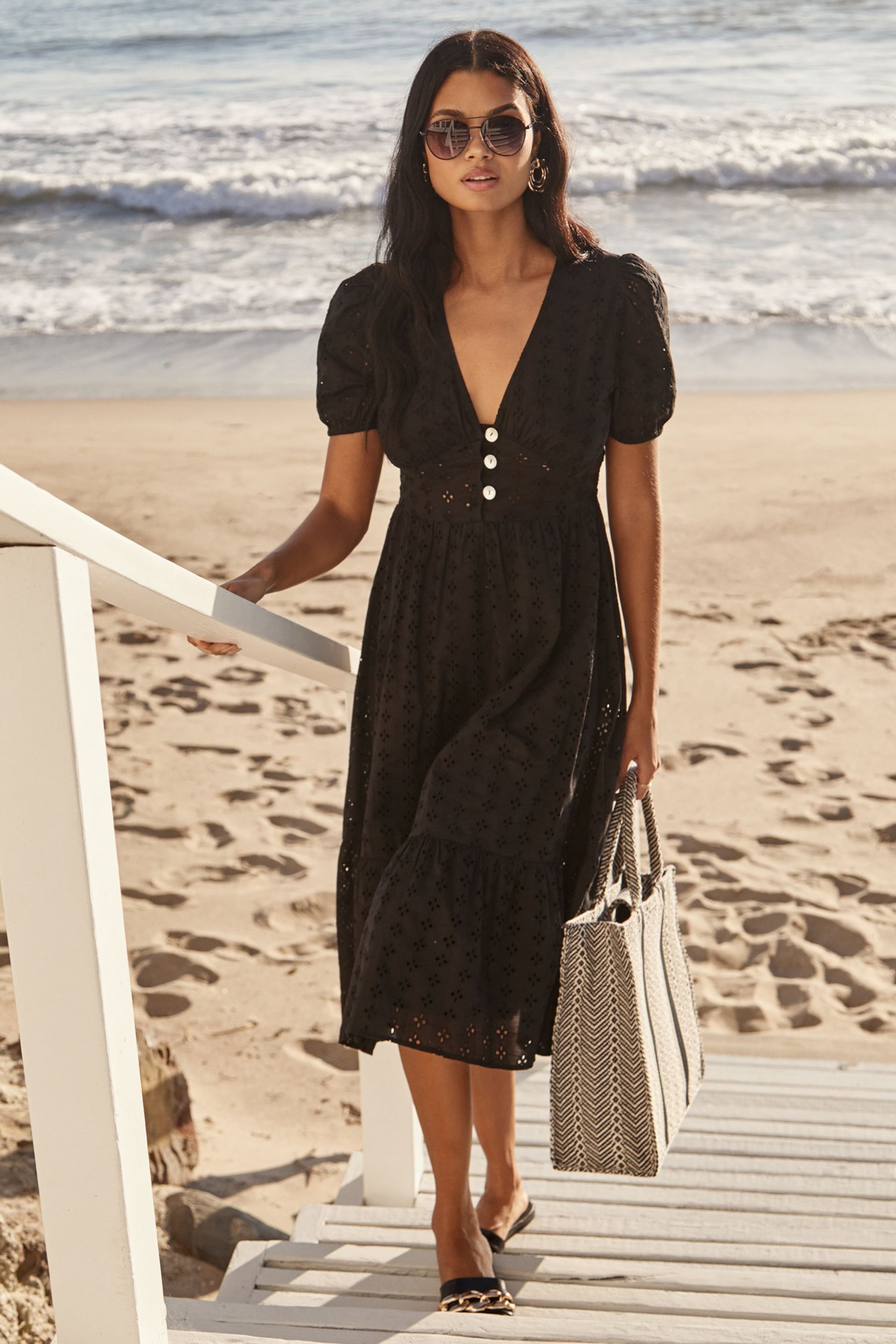 Lipsy Black Broderie V Neck Puff Sleeve Midi Summer Holiday Shop Dress - Image 3 of 4