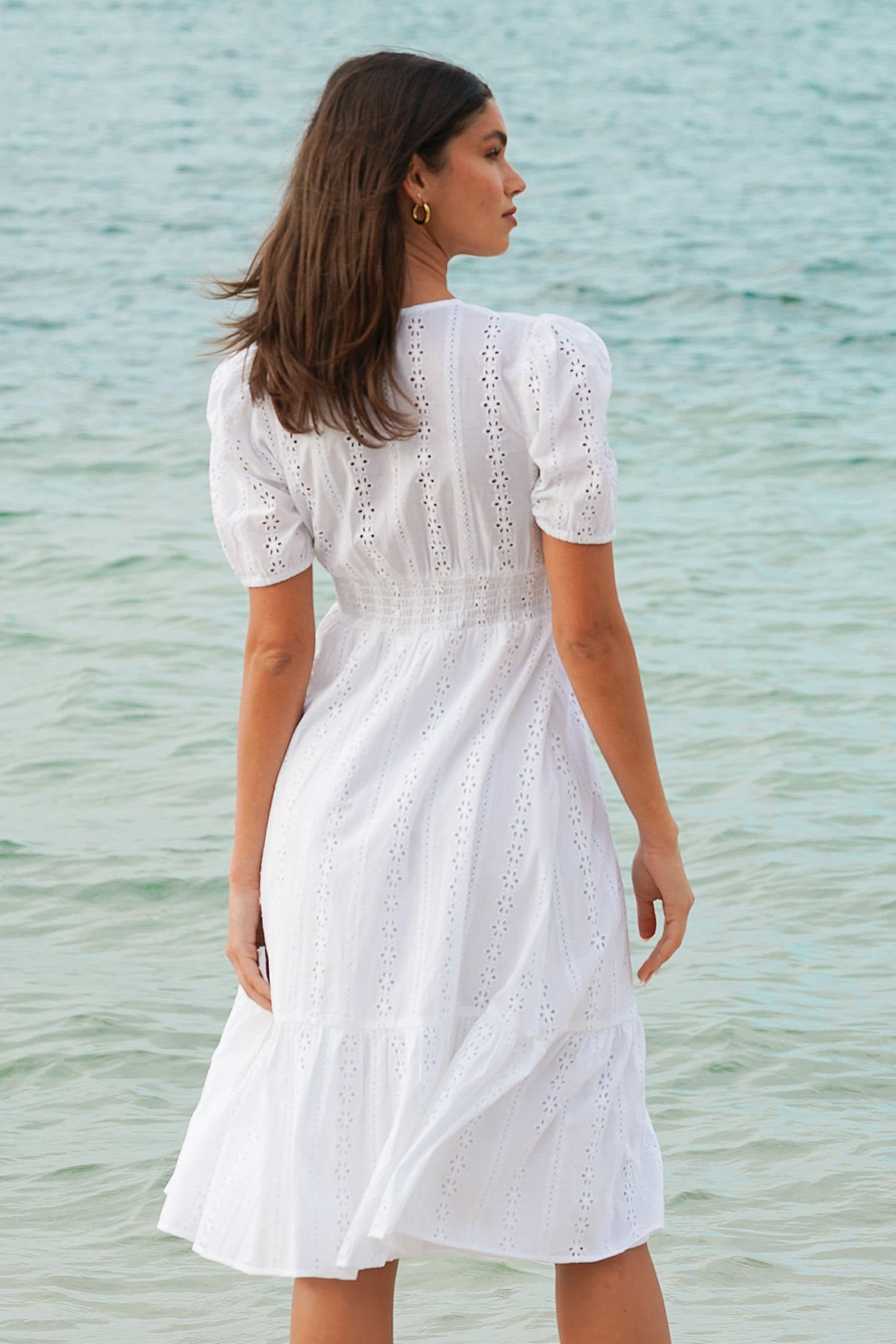 Buy Lipsy White Puff Sleeve V Neck Broderie Midi Dress from Next Luxembourg