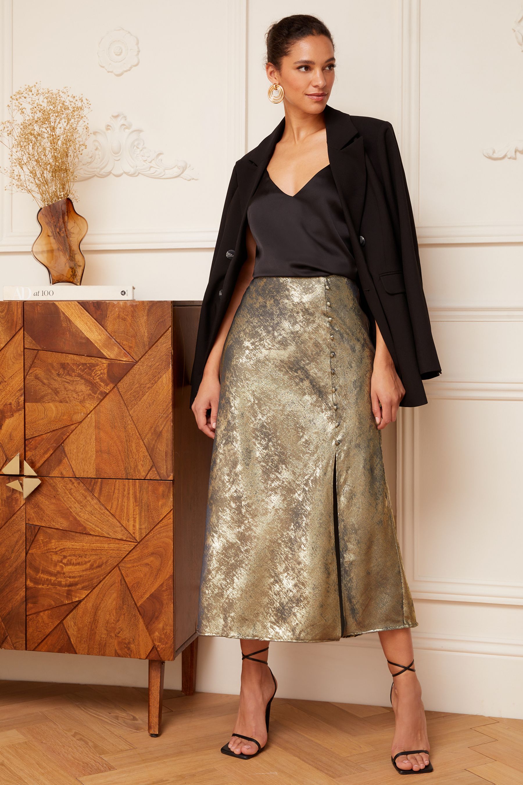 Buy Love Roses Gold Bias Cut Button Detail Midi Skirt from Next Luxembourg