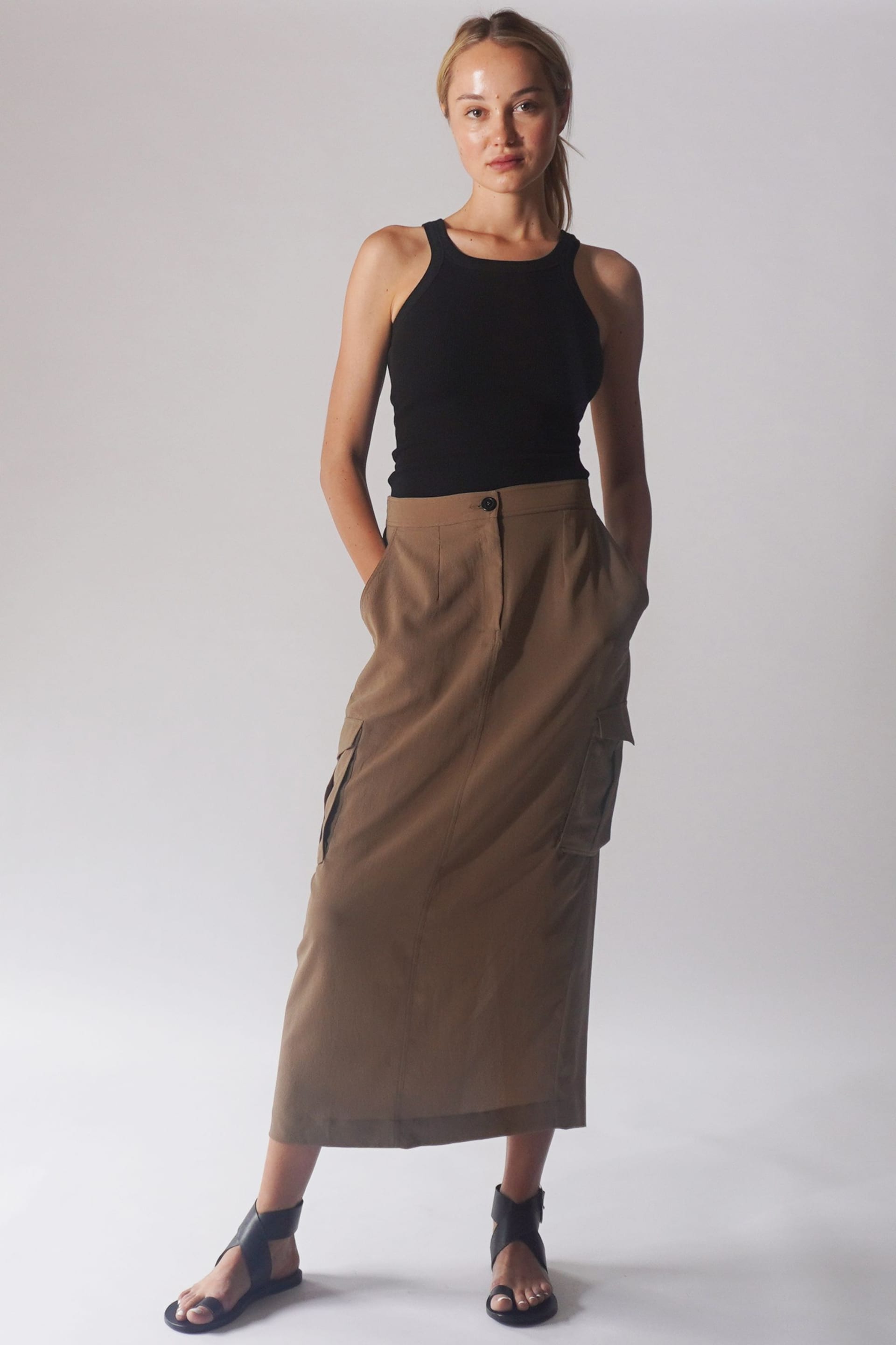 Religion Brown Utility Inspired Maxi Skirt With Patch Pockets - Image 1 of 5