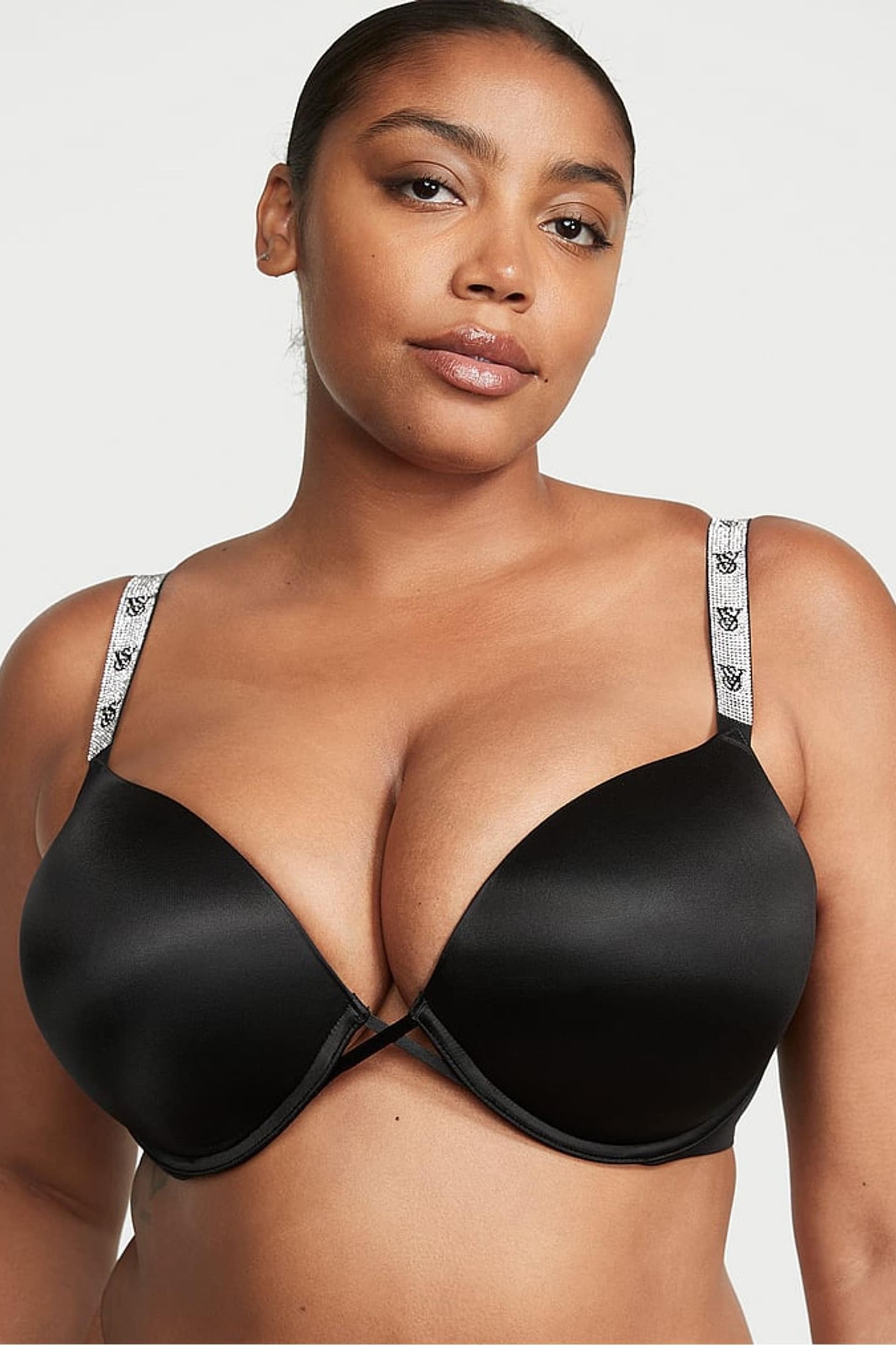 Victoria's Secret Black Smooth Monogram Shine Strap Add 2 Cups Push Up Bombshell Bra - Image 1 of 3