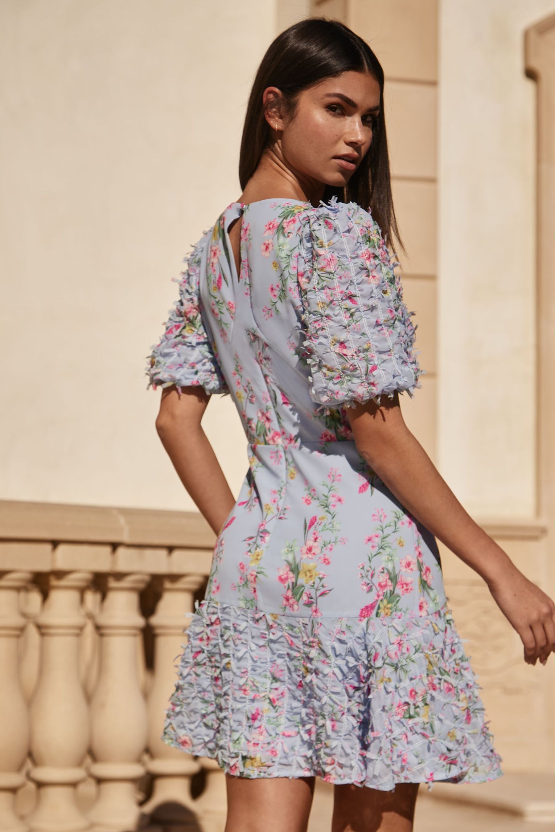 Buy Lipsy Blue Printed 3D Flower Textured Skater Dress from Next Luxembourg