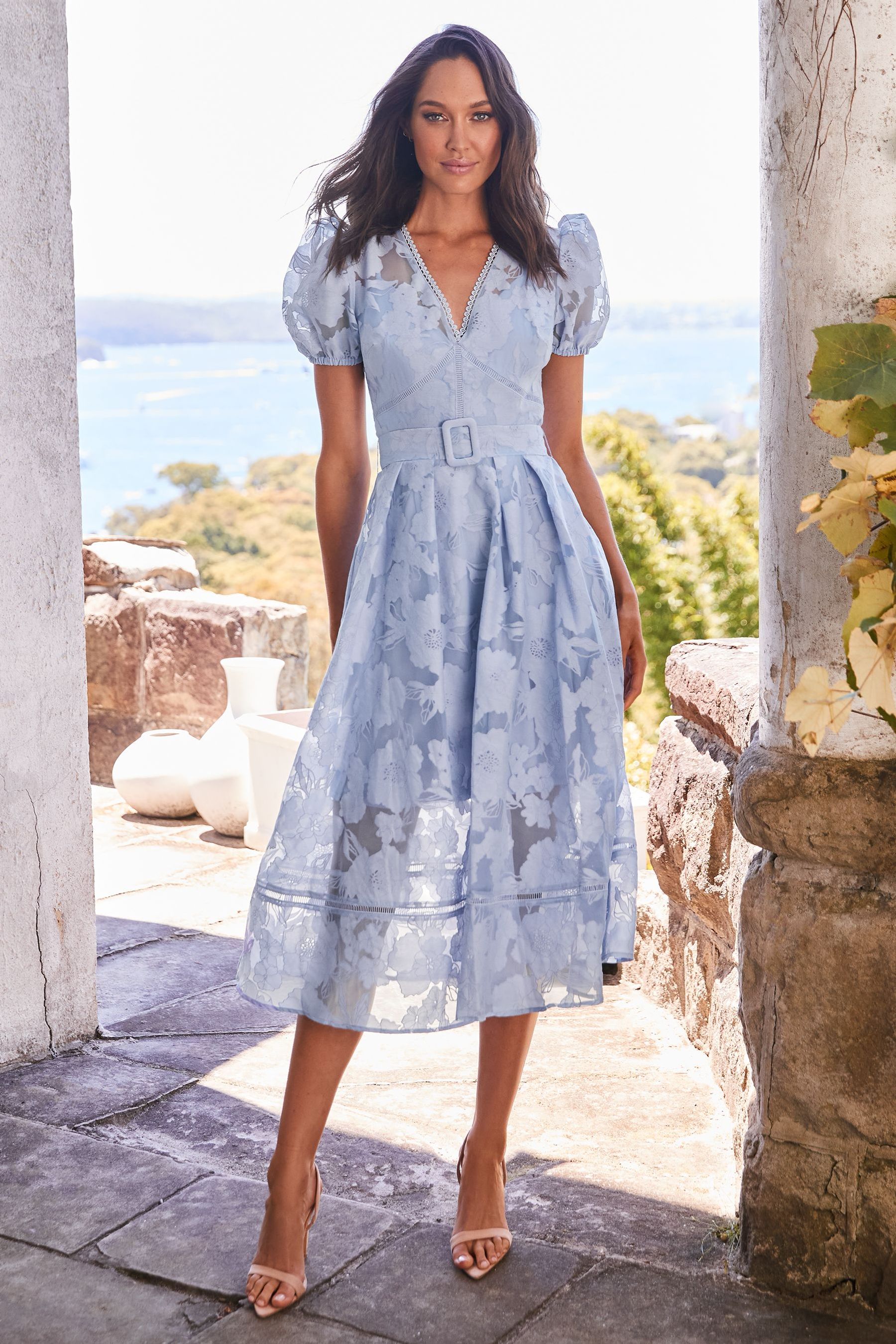 Buy Lipsy Blue Premium Burnout Belted Skater Midi Dress from Next Luxembourg
