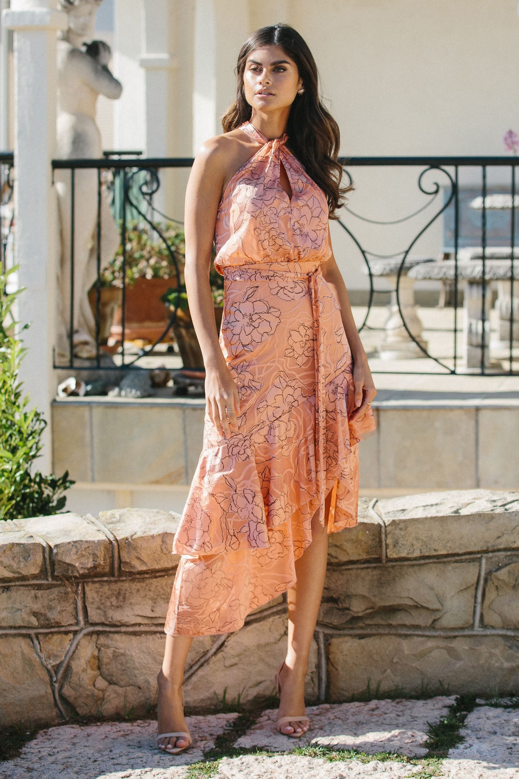 Buy Lipsy Orange Premium Printed Burnout Halter Fit and Flare Dress from Next Luxembourg