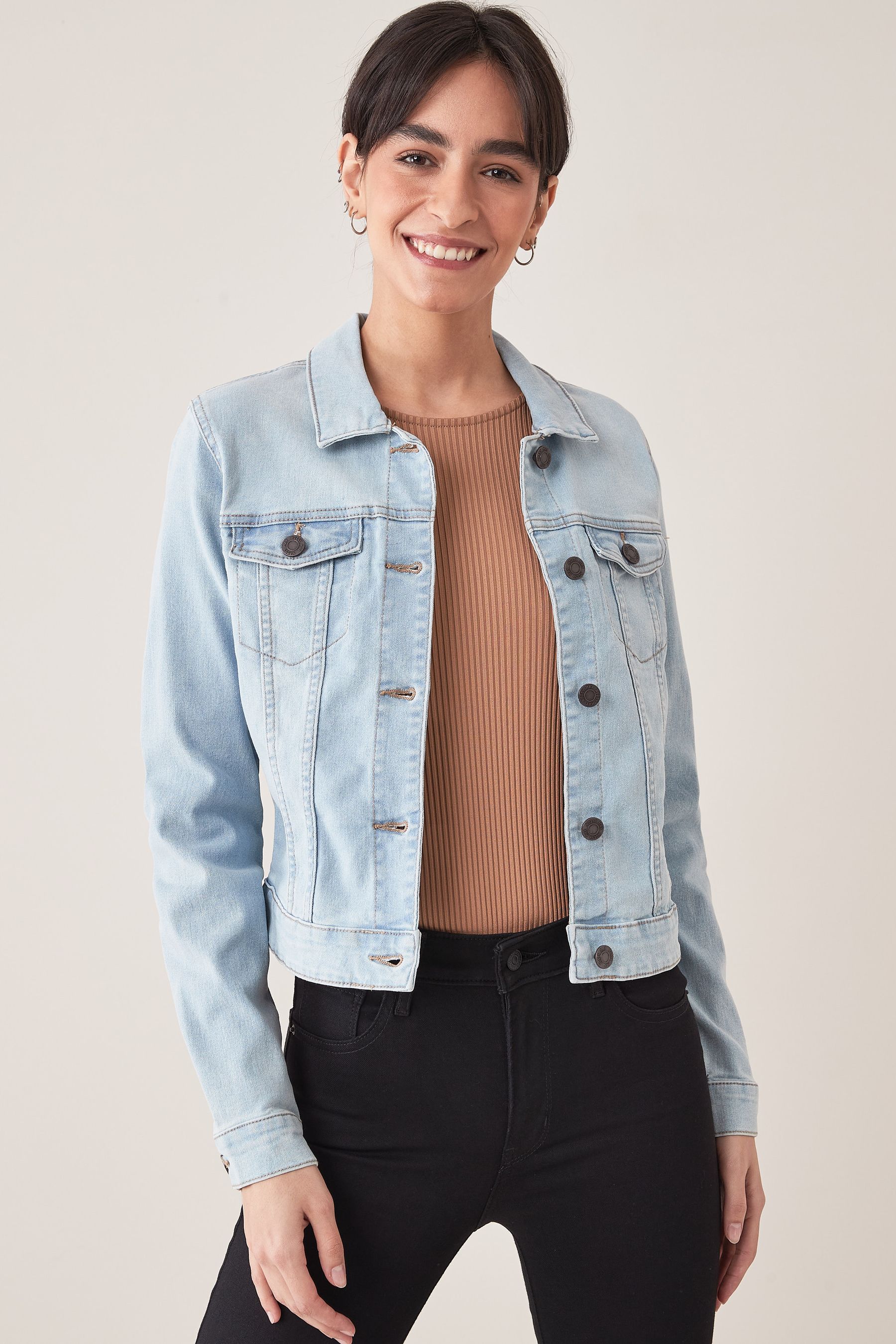 Light blue fitted denim jacket hot sale