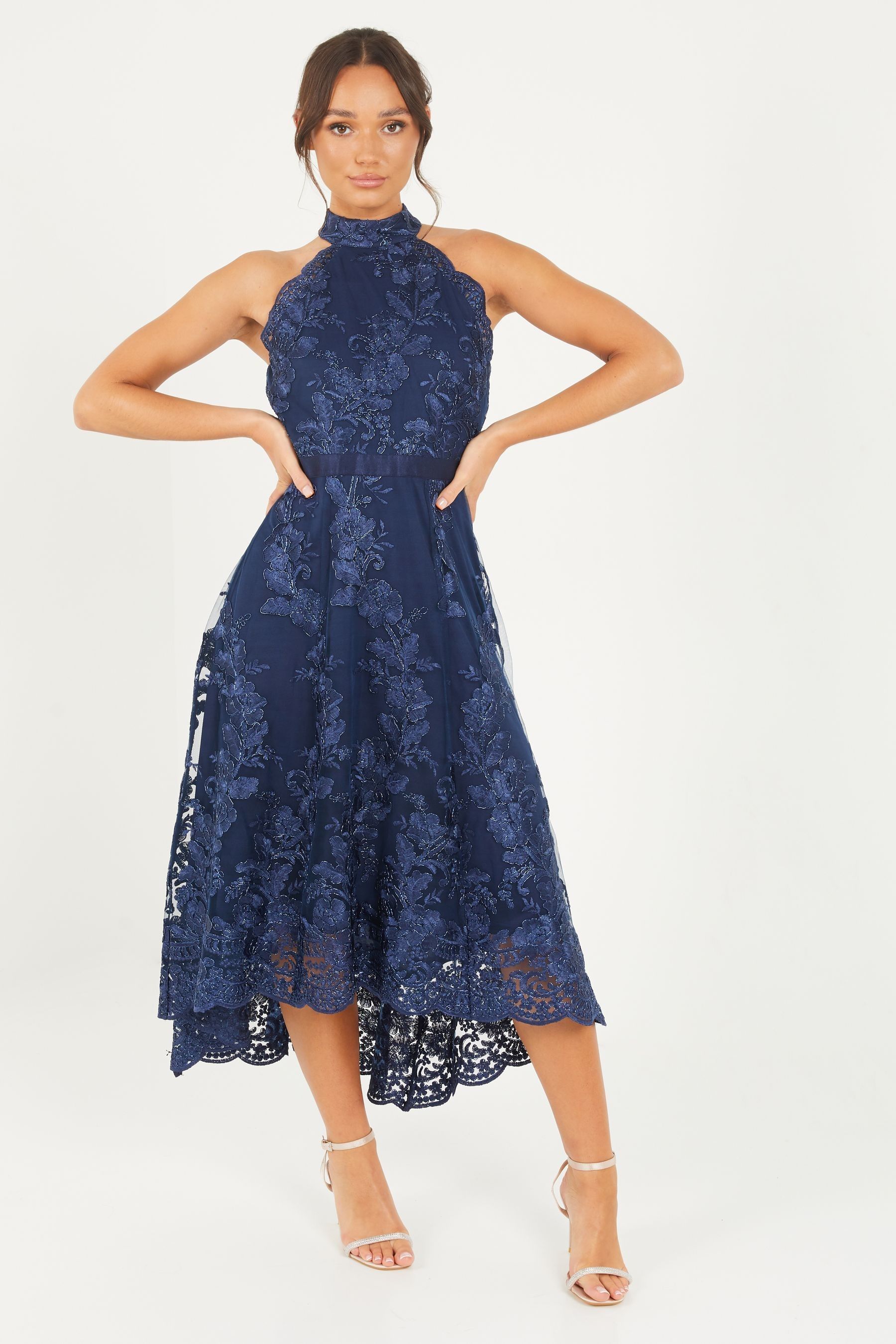 Buy Quiz Blue Embroidered Dip Hem Dress from Next Belgium