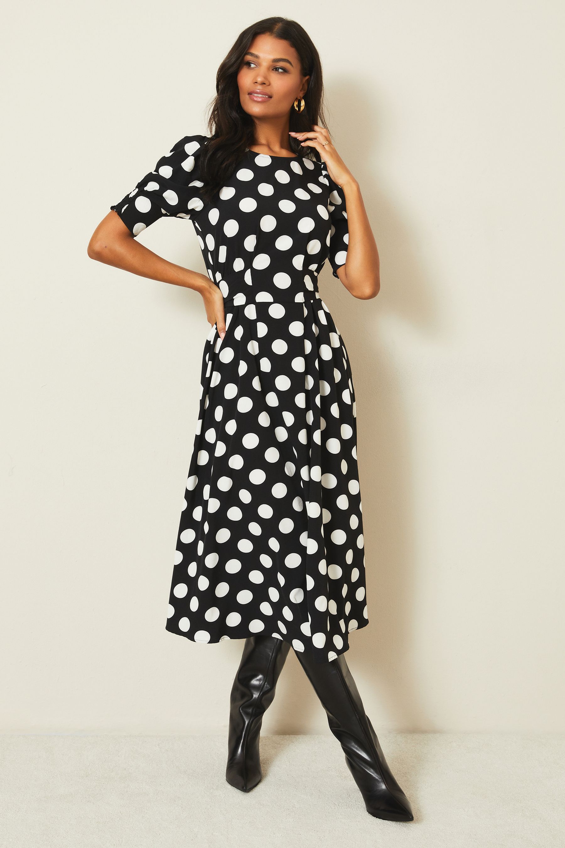 Buy Lipsy Mono Spot Puff Sleeve Tie Waist Summer Midi Dress from Next Luxembourg