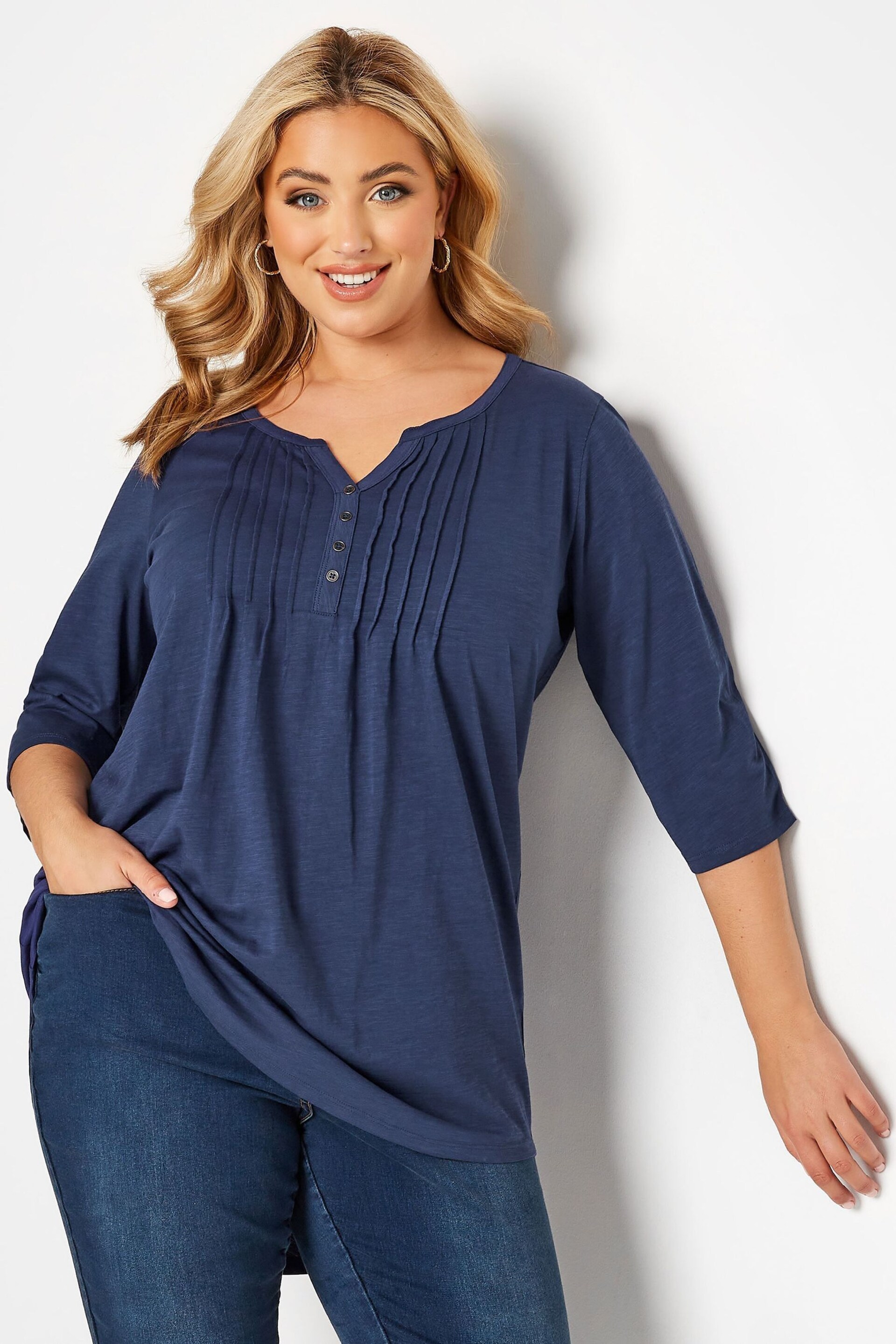 Yours Curve Blue Pintuck Henley Top - Image 1 of 4