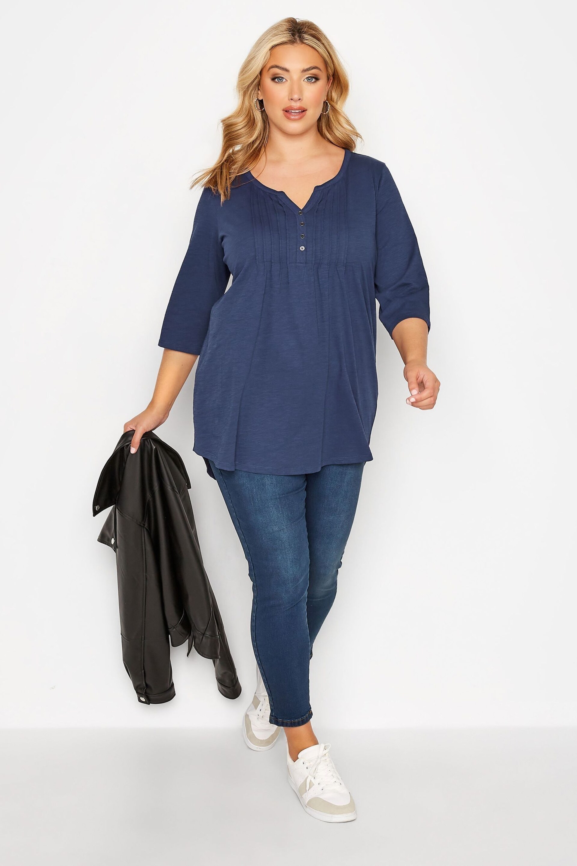 Yours Curve Blue Pintuck Henley Top - Image 2 of 4