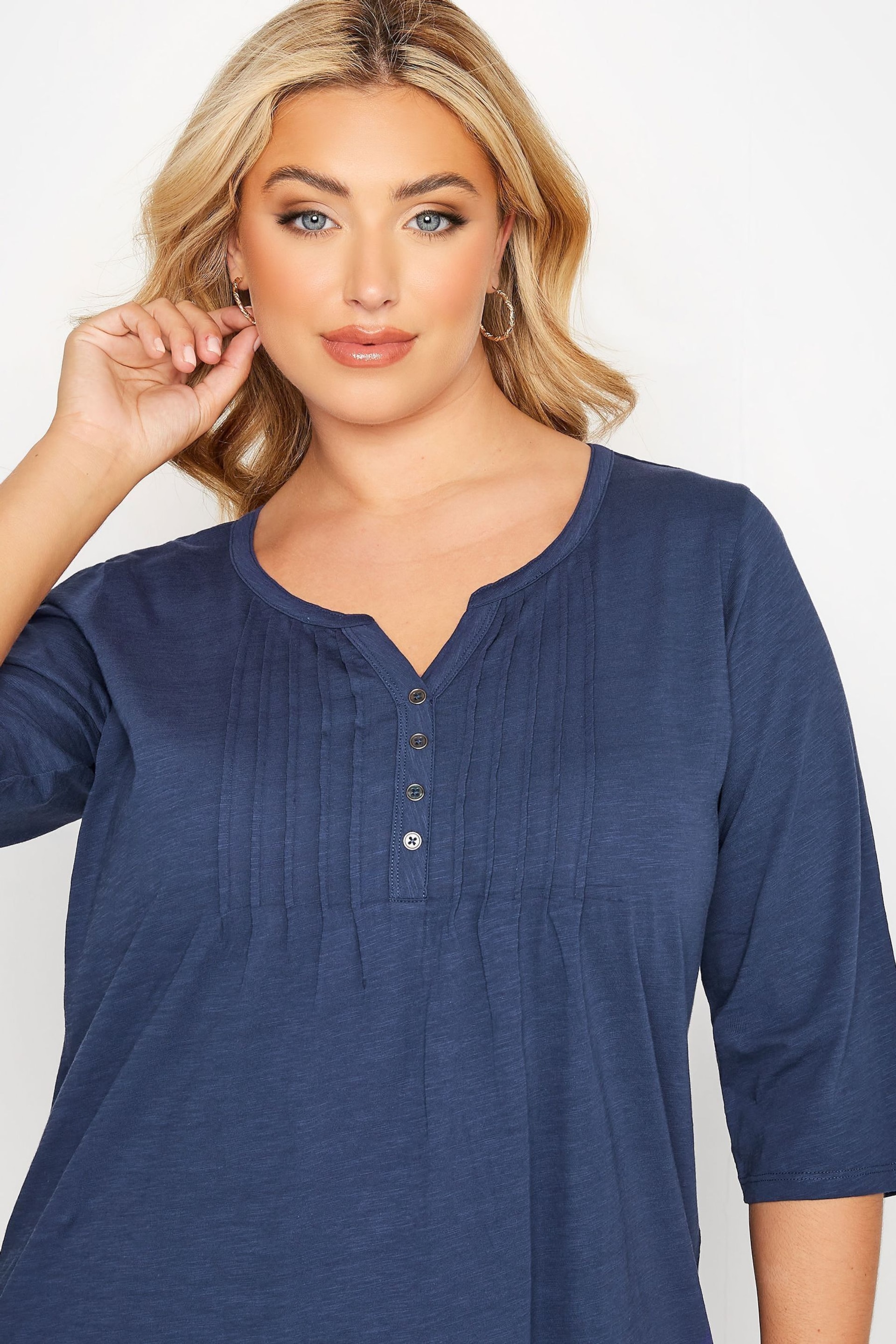 Yours Curve Blue Pintuck Henley Top - Image 4 of 4