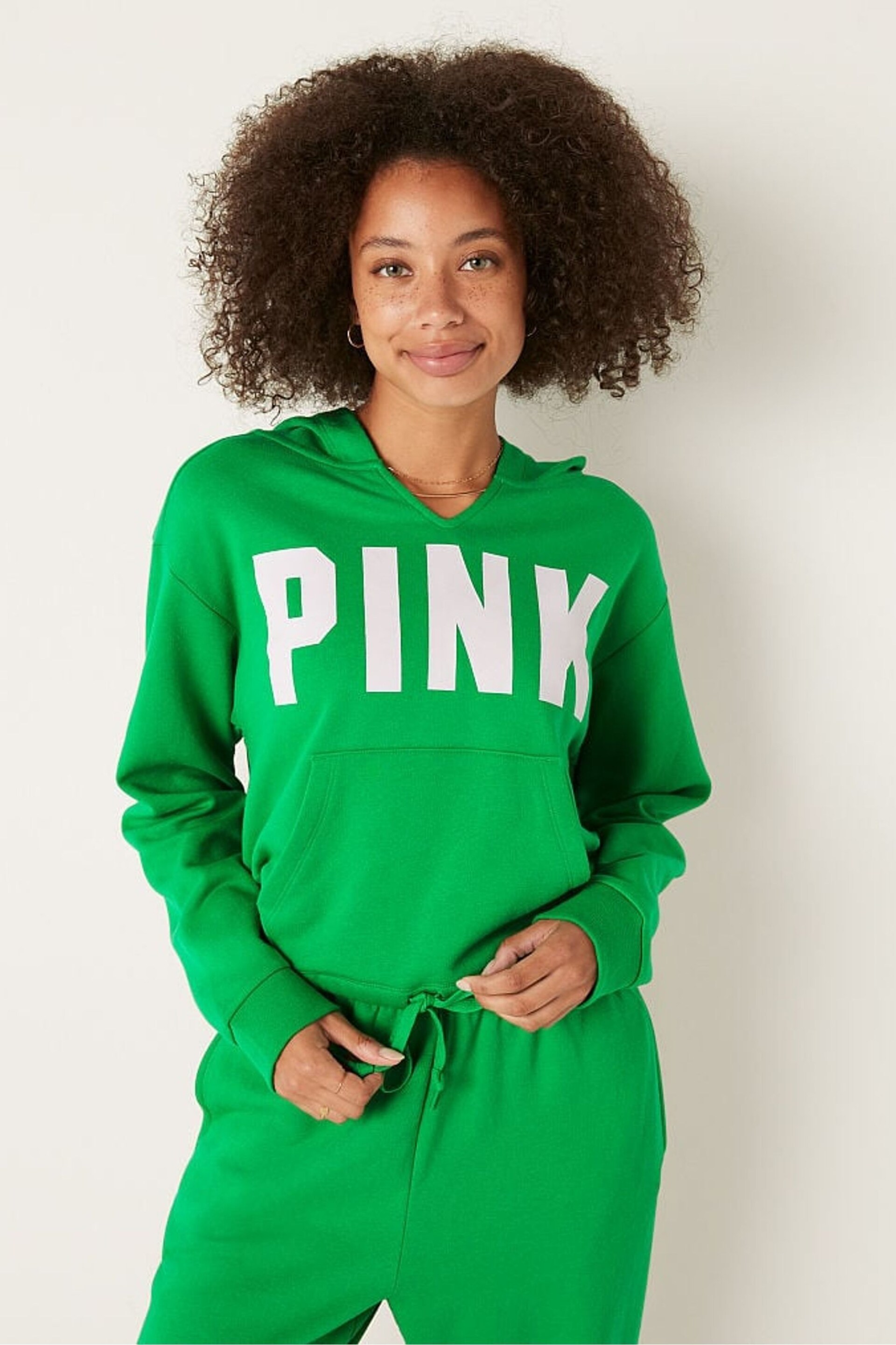 Victoria's Secret PINK Happy Camper Green Fleece Crop Long Sleeve Hoodie - Image 1 of 4