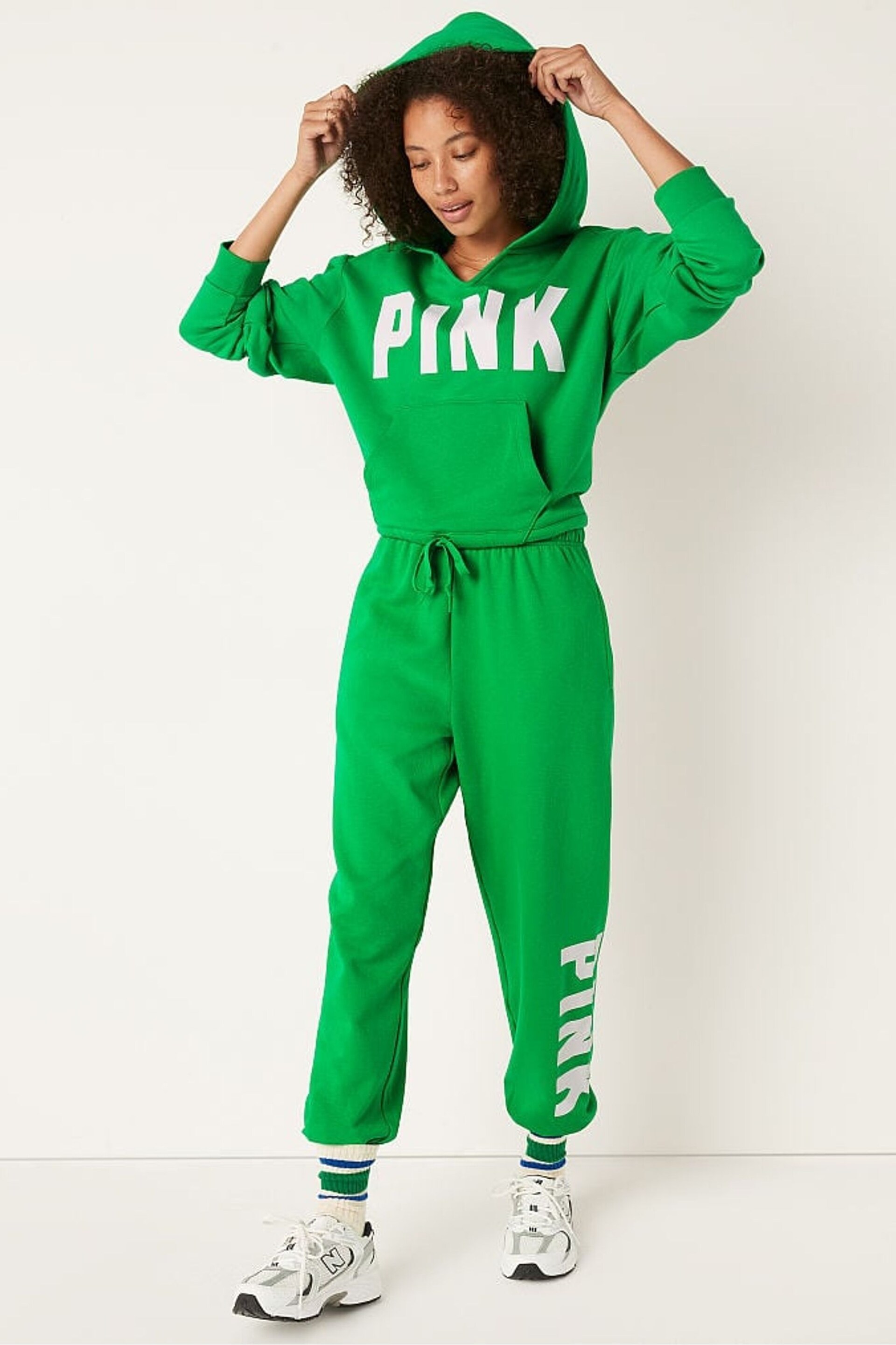 Victoria's Secret PINK Happy Camper Green Fleece Crop Long Sleeve Hoodie - Image 3 of 4